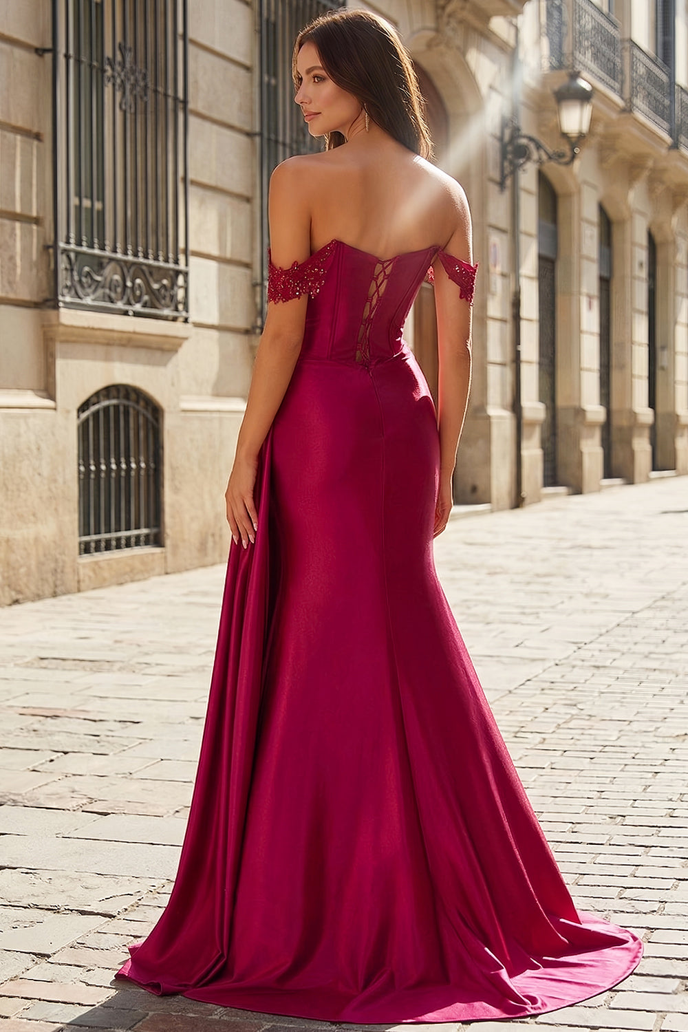 Burgundy Off-the-Shoulder Lace Applique Mermaid Prom Dress with Drape SH770 Sheer Fairy