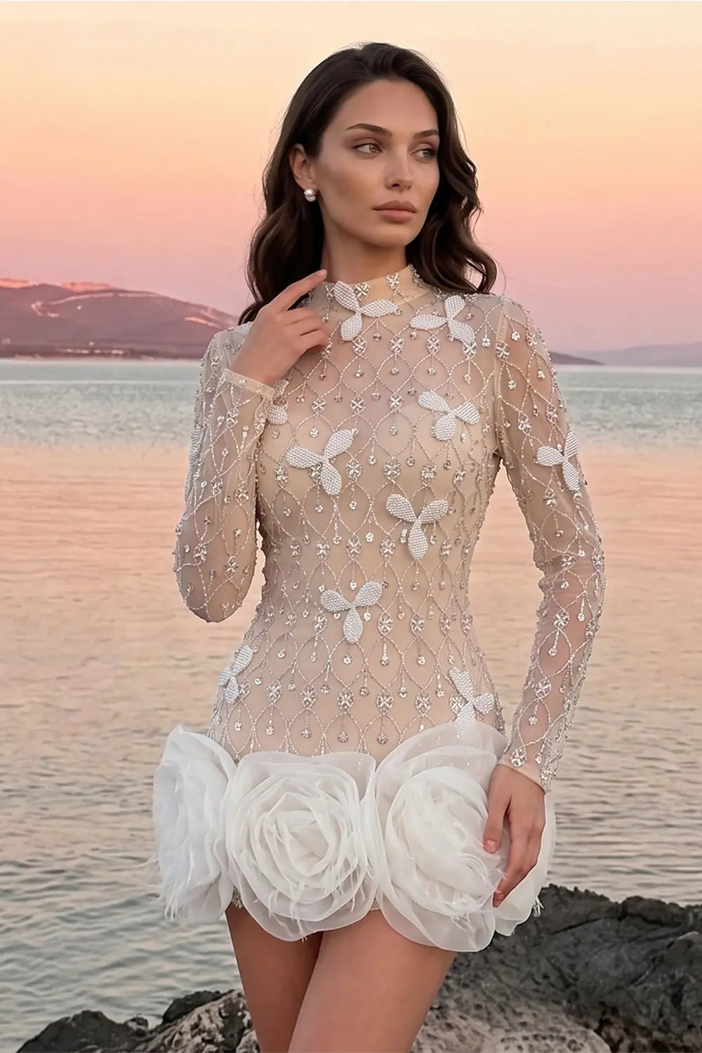 White Nude Long Sleeve Beaded 3D Floral Hem Mini Evening Dress ST037 Sheer Fairy