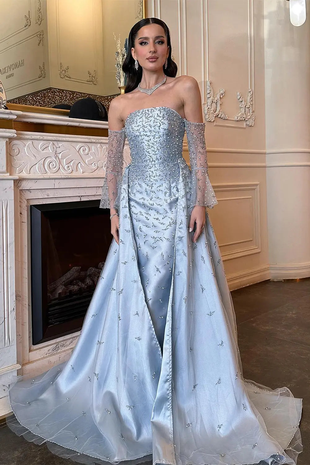 Silver Strapless Mermaid Evening Dress with Detachable Tulle Overlay & Sheer Sleeves SS484 Sheer Fairy