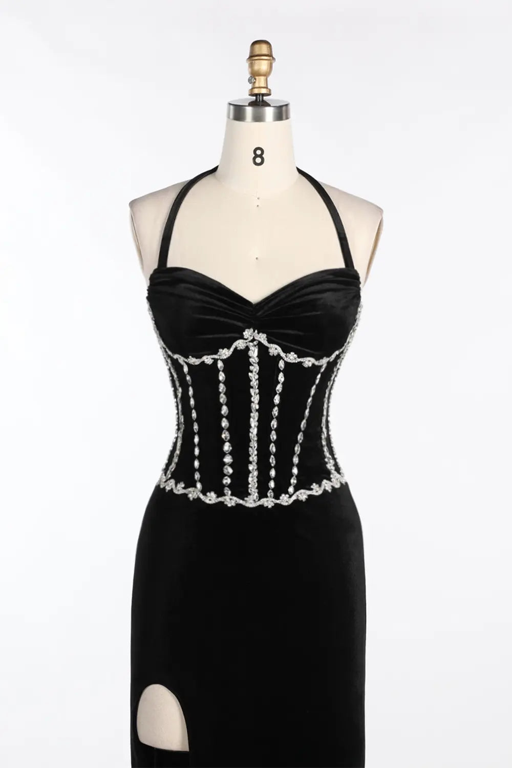 Black Halter Corset Slit Velvet Evening Dress ST094 Sheer Fairy