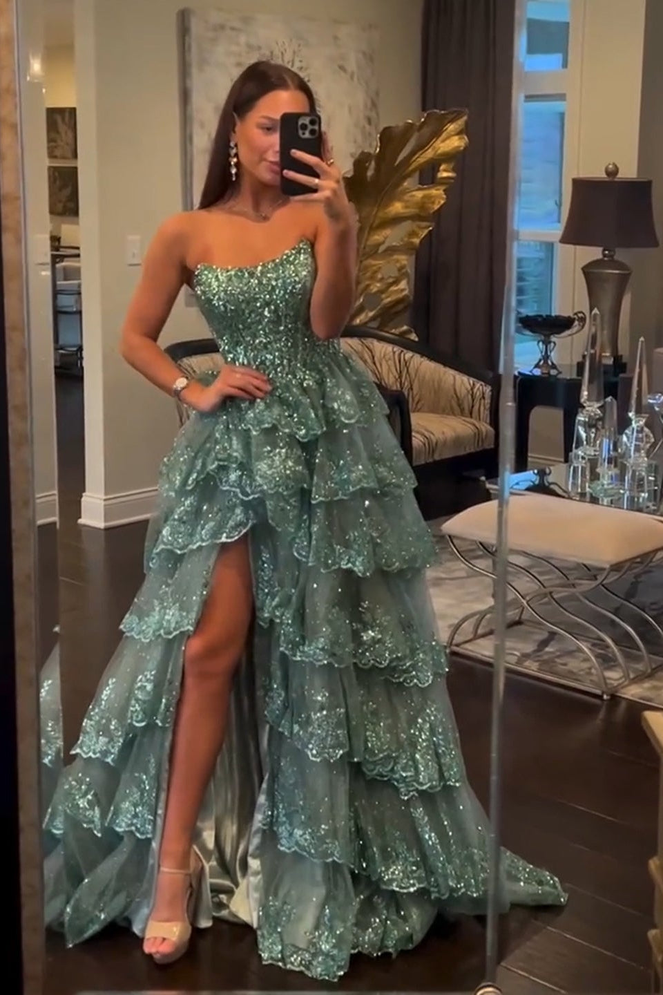 Strapless Ruffled Lace Sequin A-Line Prom Dress SH162 Sheer Fairy