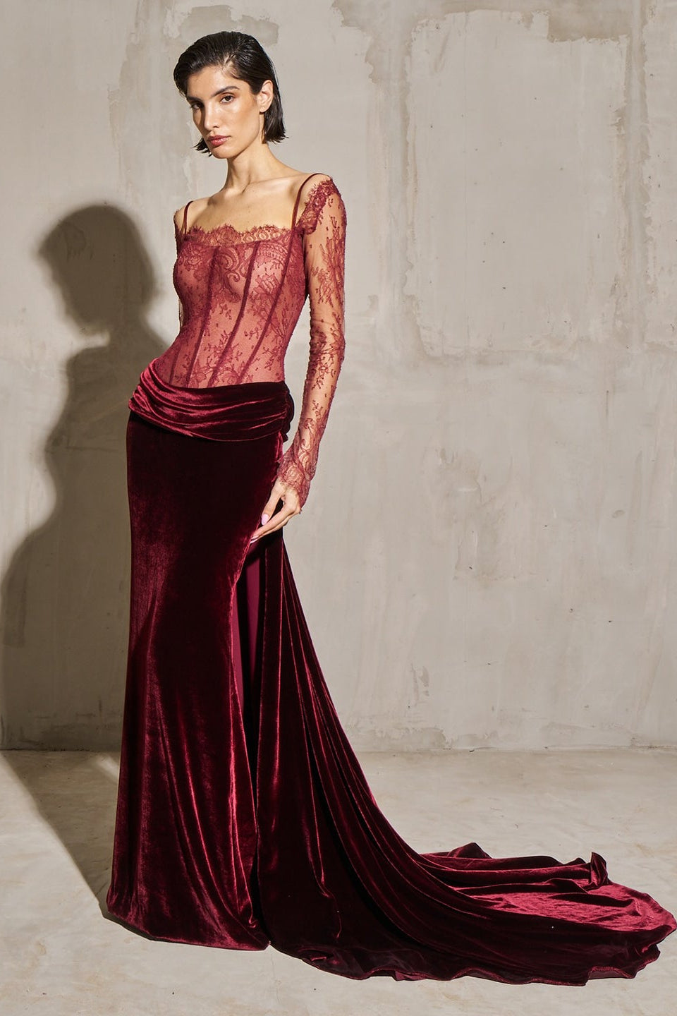 Wine Red Lace and Velvet Long Sleeves Mermaid Evening Dress SF056