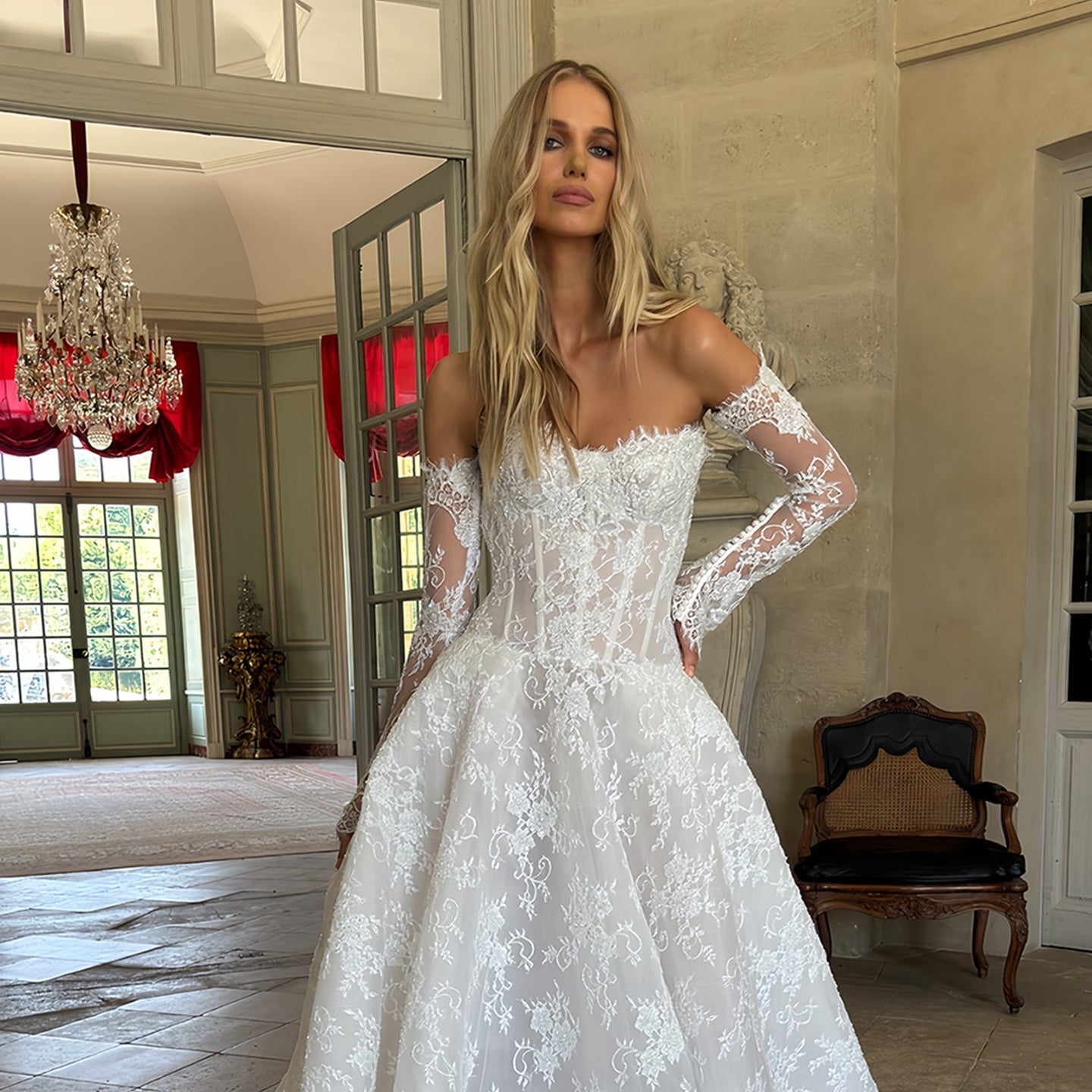 Off-the-Shoulder Long Lace Sleeve Ball Gown Wedding Dress with Sheer Corset SW225 Sheer Fairy