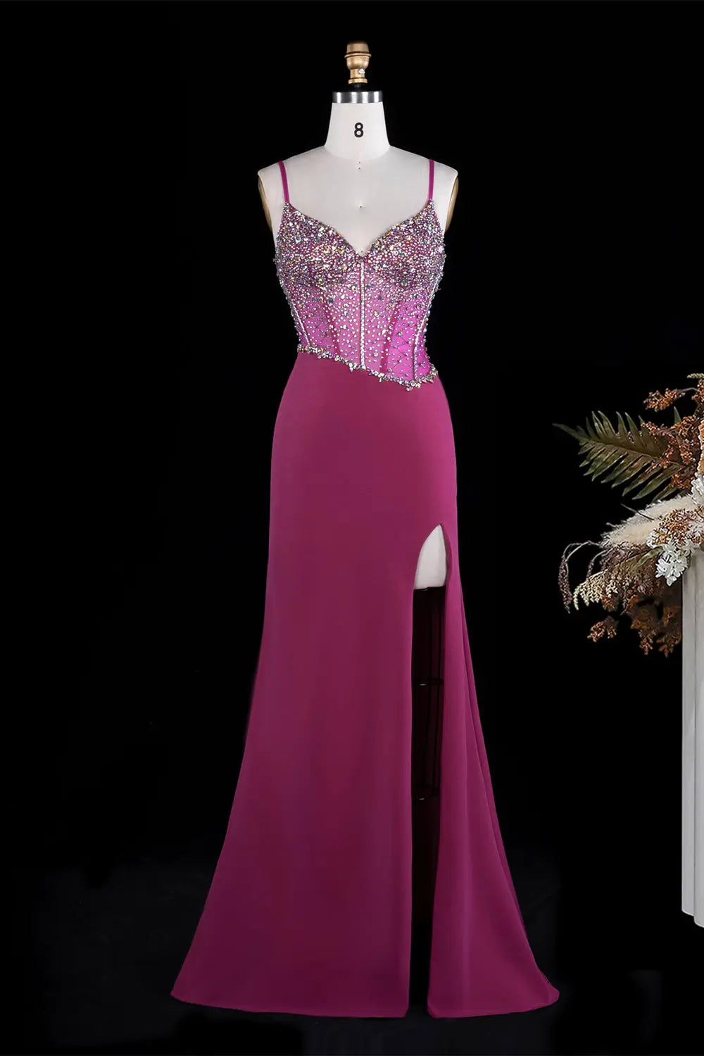 Fuchsia Beaded Spaghetti Strap Prom Dress SH261 Sheer Fairy