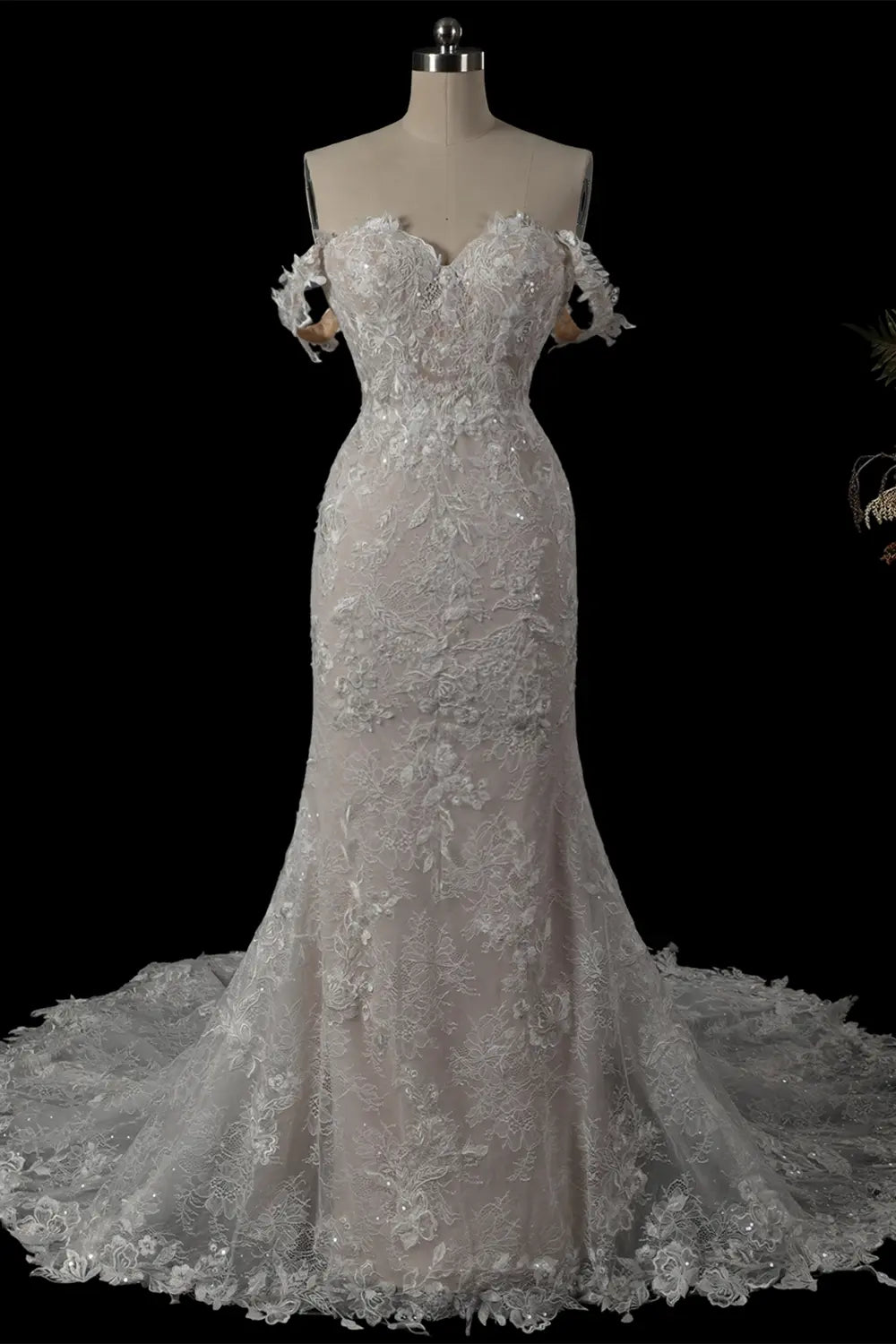 White Lace Mermaid Wedding Dress Off The Shoulder SW763 Sheer Fairy