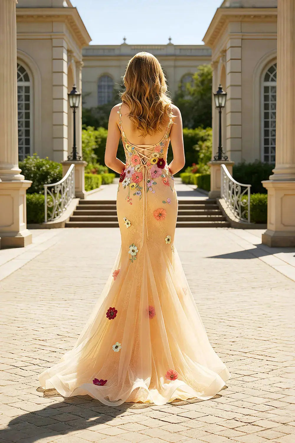 Champagne 3D Floral Tulle Mermaid V-Neck Prom Dress SH440 – SHEER FAIRY