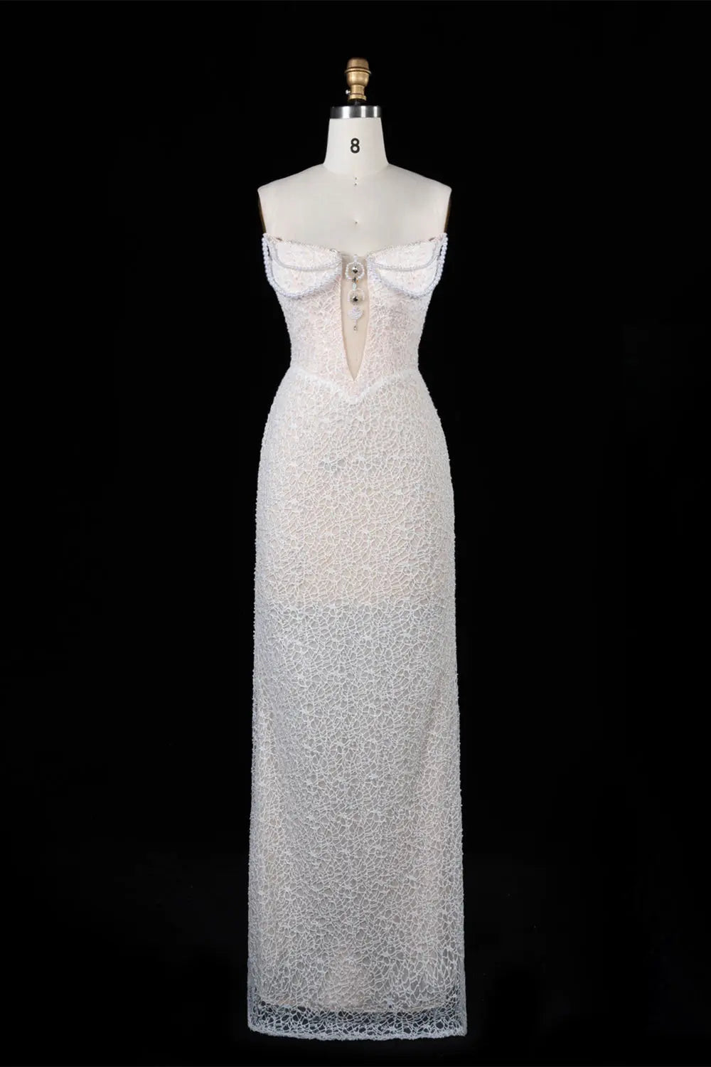 White Pearl Beaded Strapless Evening Dress ST102 Sheer Fairy