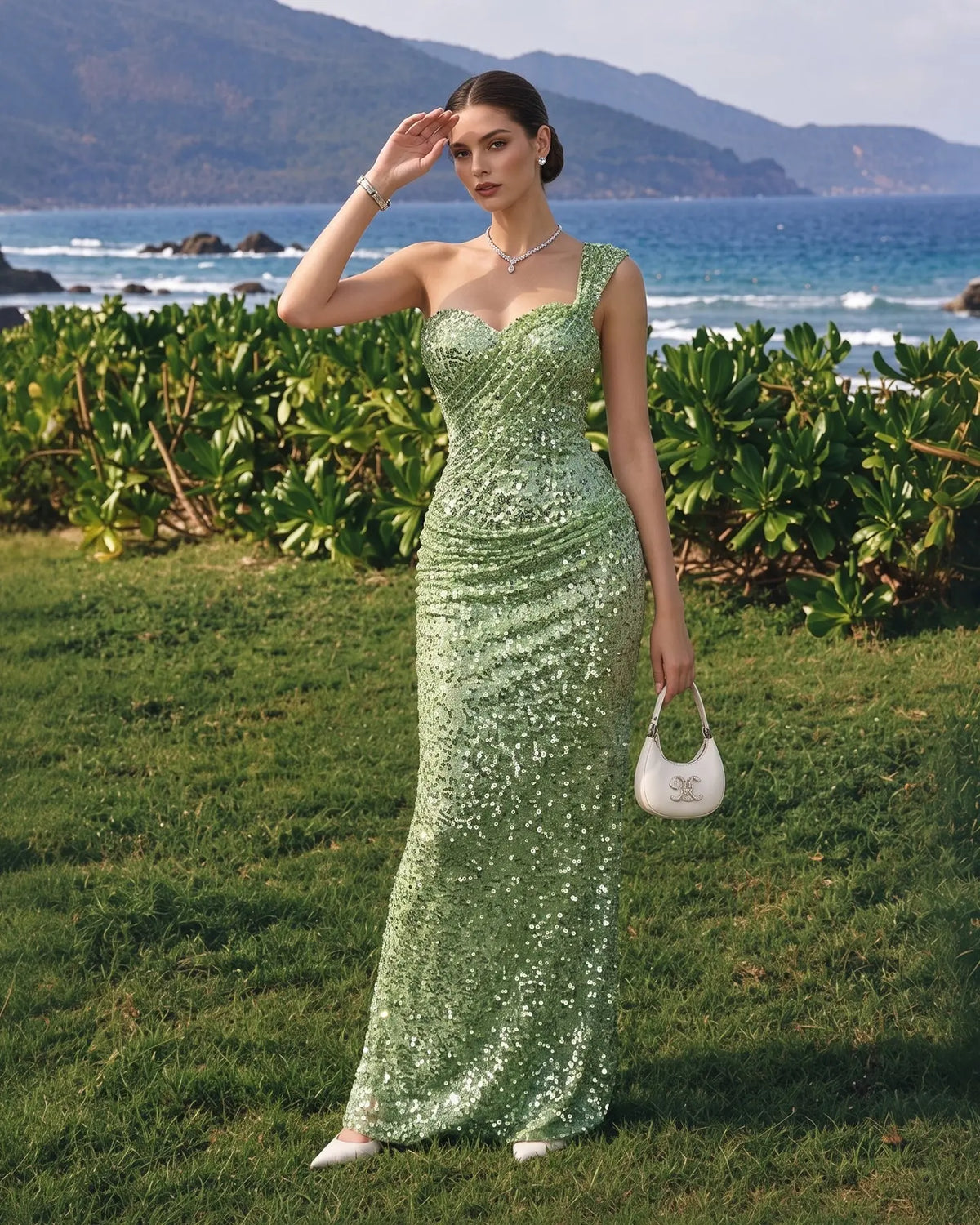 Green One Shoulder Sequin Evening Gown ST117 Sheer Fairy