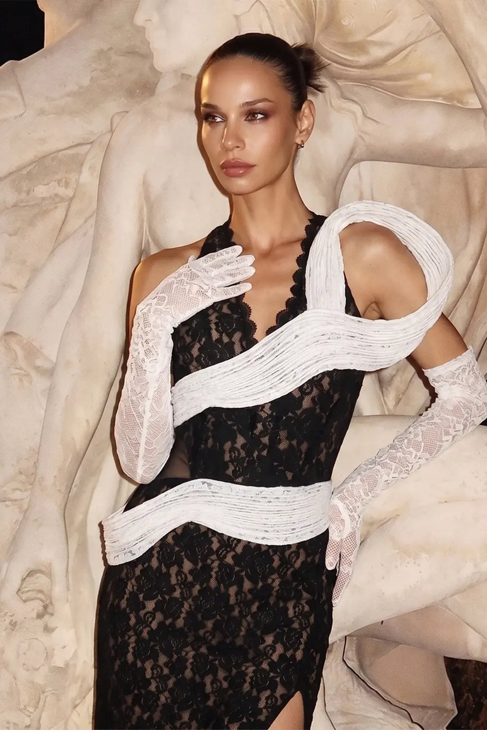 Black And White Lace Contrast High Slit Maxi Evening Dress ST041 Sheer Fairy