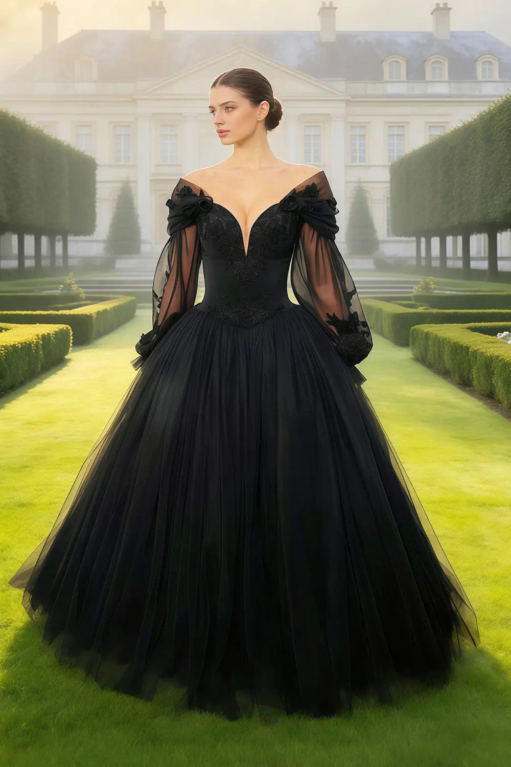 Black Tulle Deep V-Neck Ballgown Wedding Dress SW563 Sheer Fairy