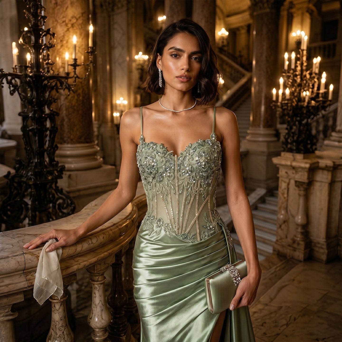 Glamorous Mint Green Beaded Floral Mesh Lace Up Back Train Prom Dress SH197 Sheer Fairy