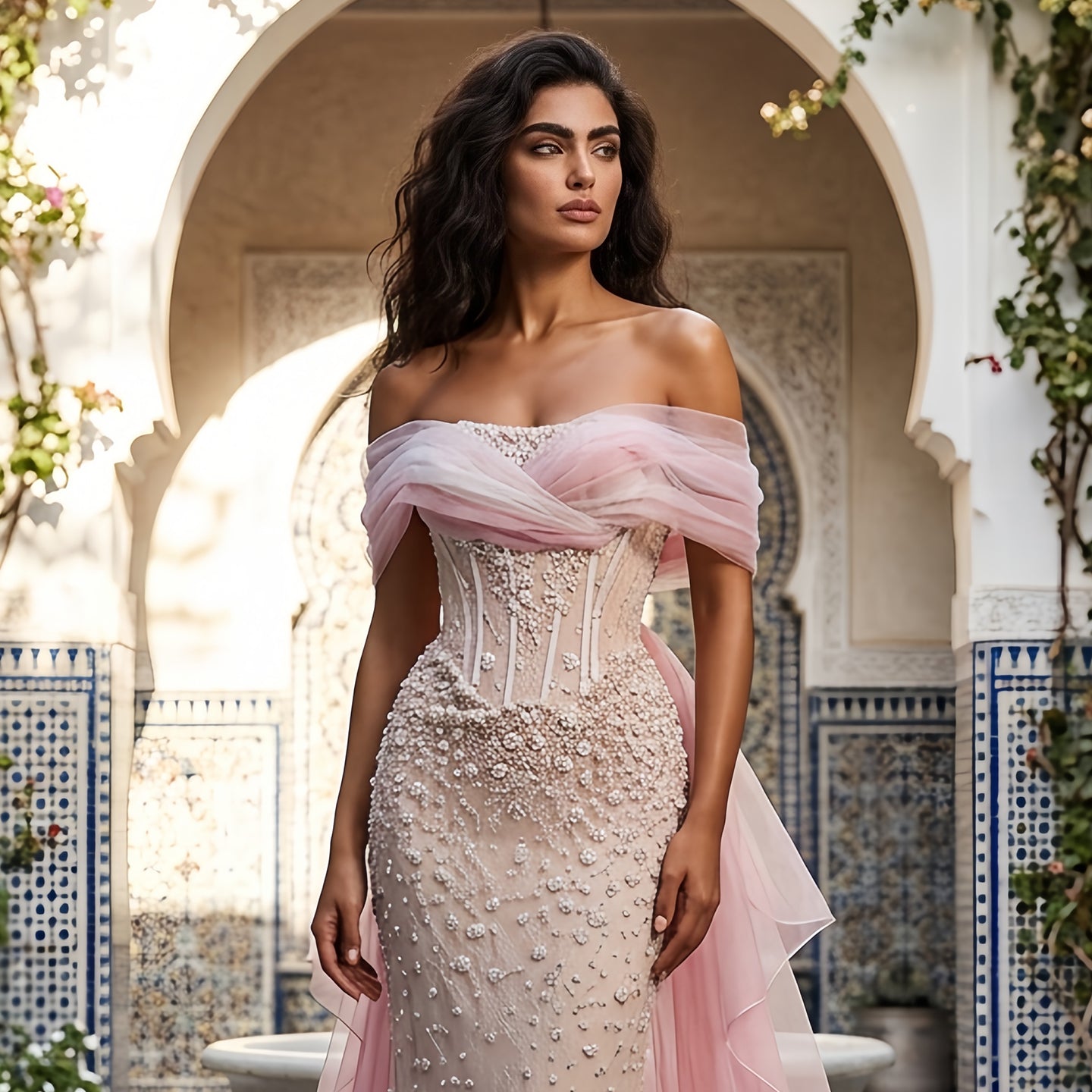 Blush Pink Off-the-Shoulder 3D Floral Beaded Mermaid Evening Gown with Tulle Overlay SS519 Sheer Fairy