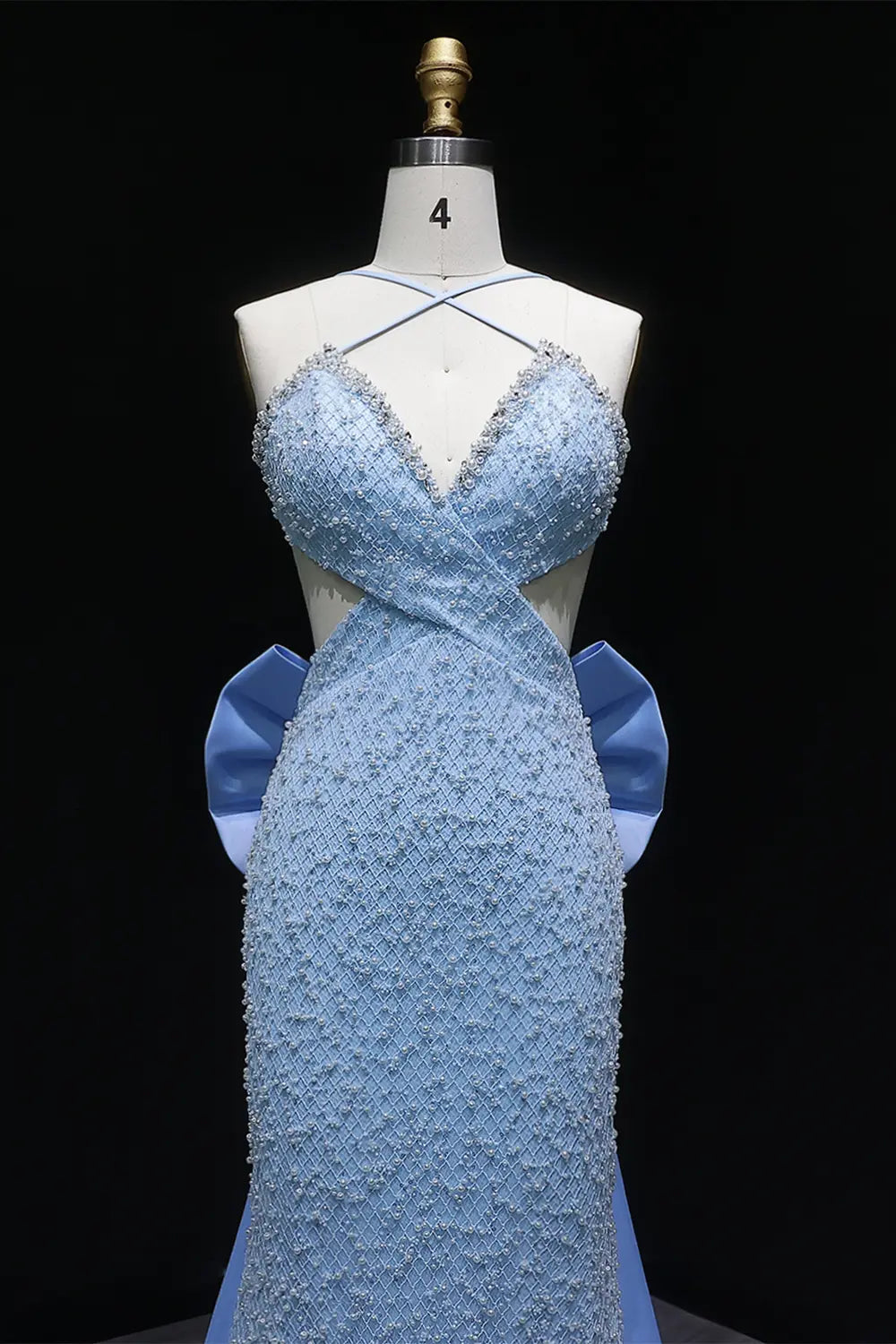 Blue Beaded Mermaid Prom Gown with Crisscross Straps and Train SH066 Sheer Fairy