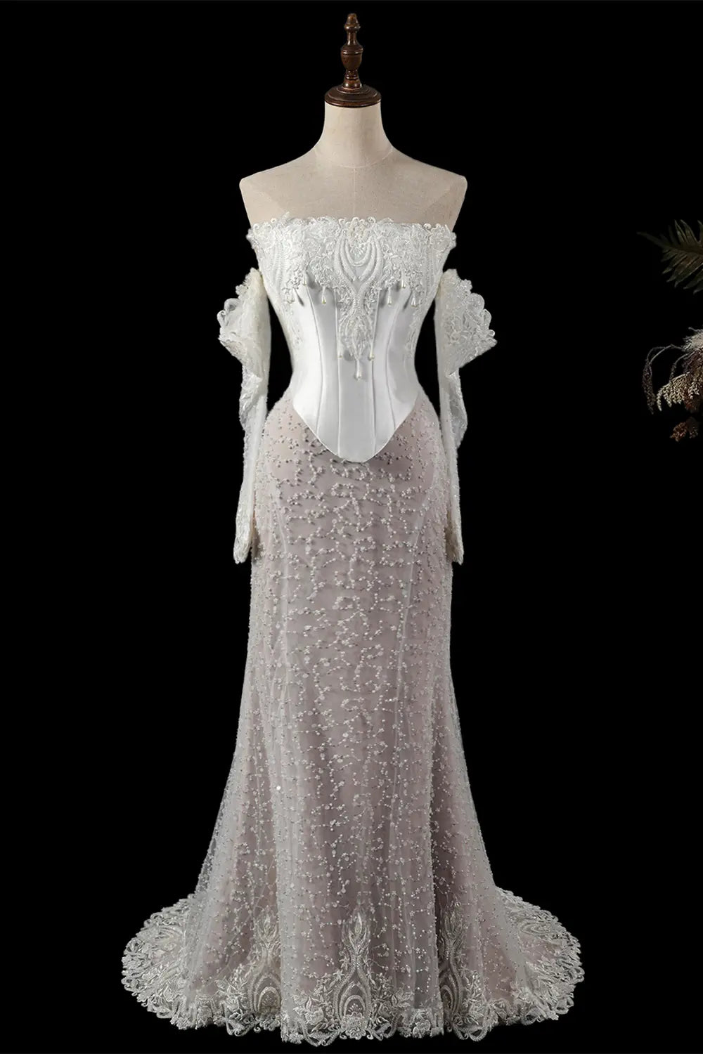 White Off The Shoulder Lace Mermaid Corset Wedding Dress SW762 Sheer Fairy
