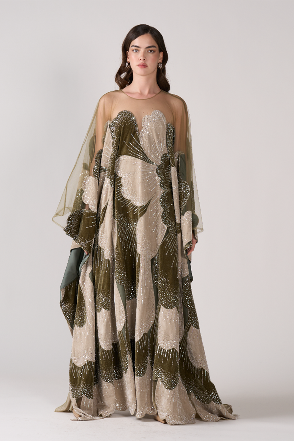 Luxurious Olive Green Velvet Beaded Kaftan Dress Sequined Petal Pattern Evening Abaya Maxi Gown SS669 Sheer Fairy