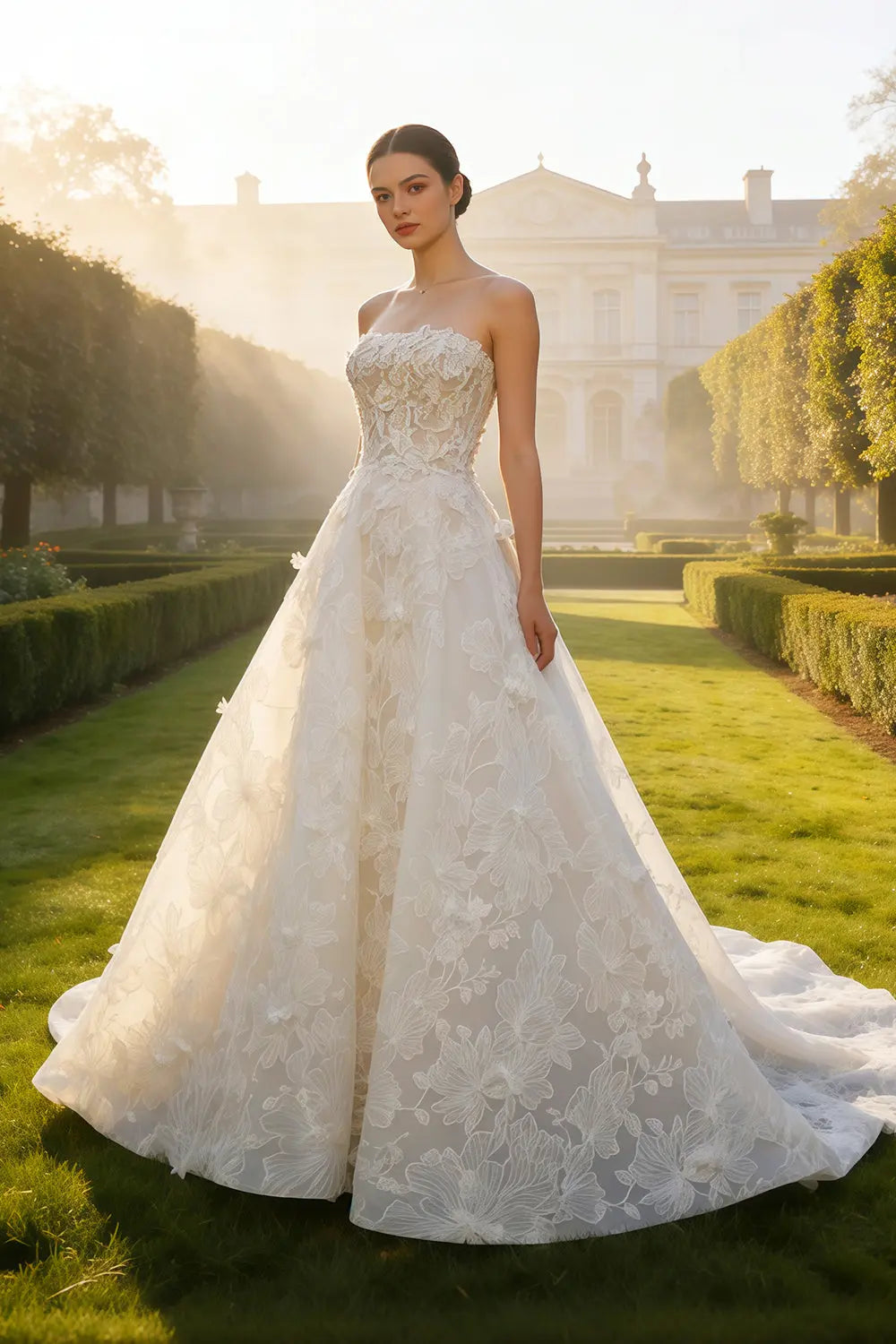 3D Floral Lace Bridal Strapless Ballgown Wedding Dress SW631 Sheer Fairy