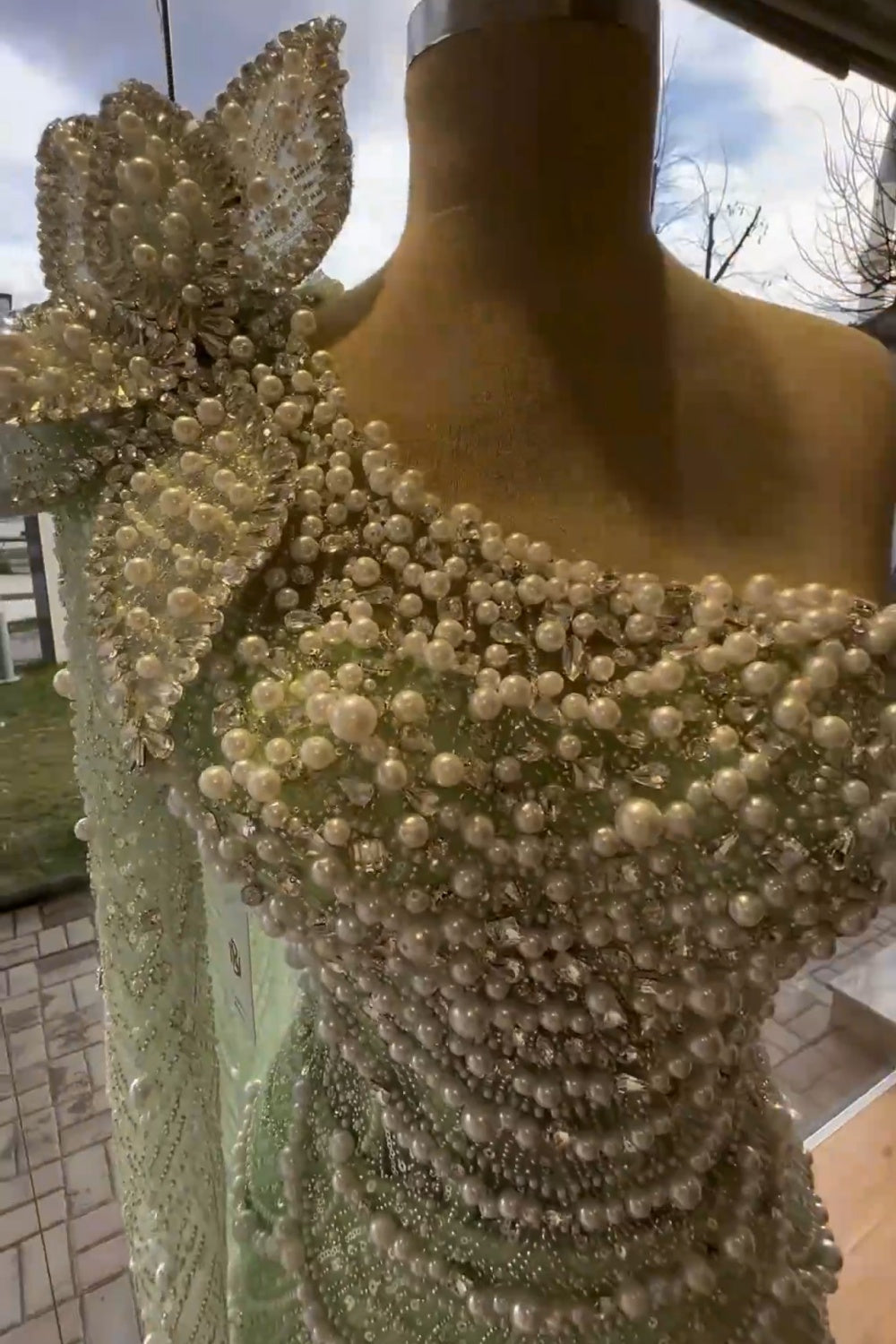 Luxury Pearls 3D Flower Green One Shoulder Evening Dress SS688 Sheer Fairy