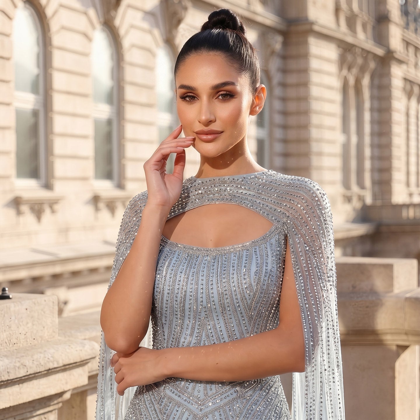 Glamorous Light Blue Beaded Prom Dress with Cape Overlay and Keyhole Neck SH312 Sheer Fairy