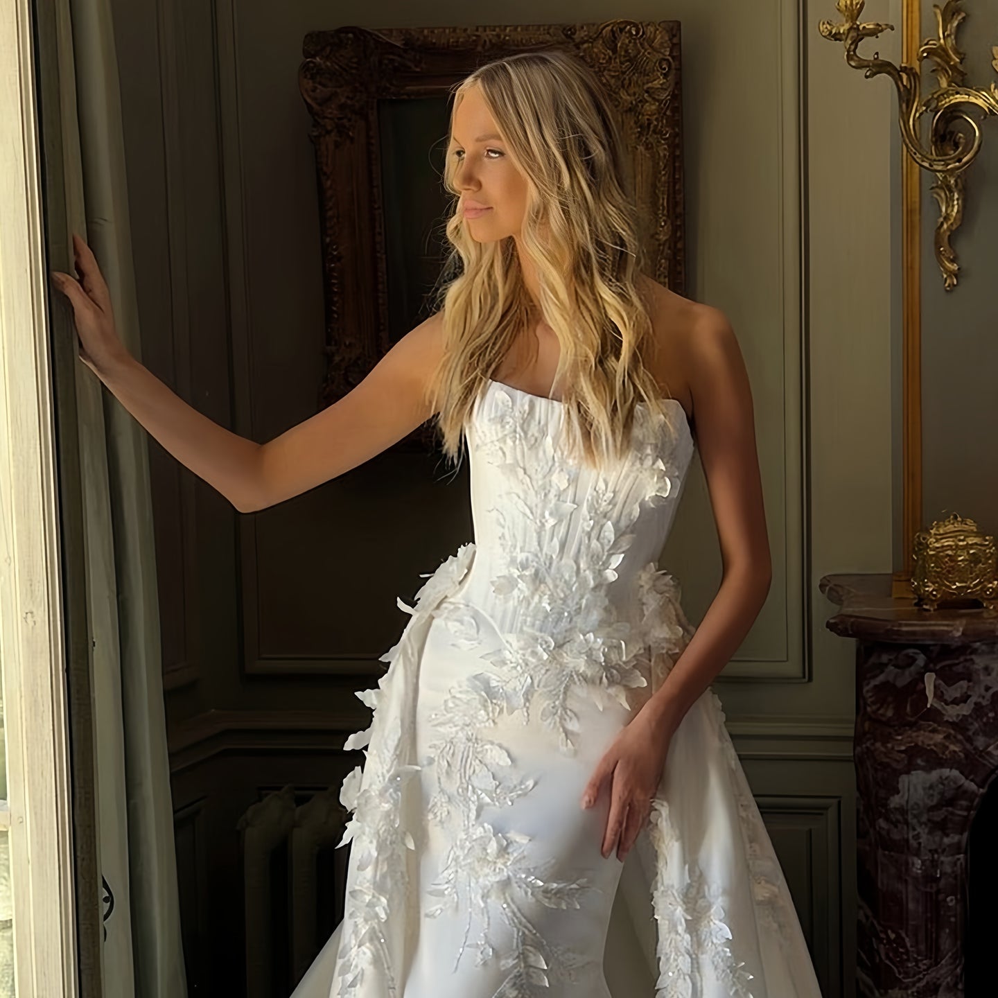 Strapless 3D Floral Satin Mermaid Wedding Dress with Detachable Overskirt SW222 Sheer Fairy