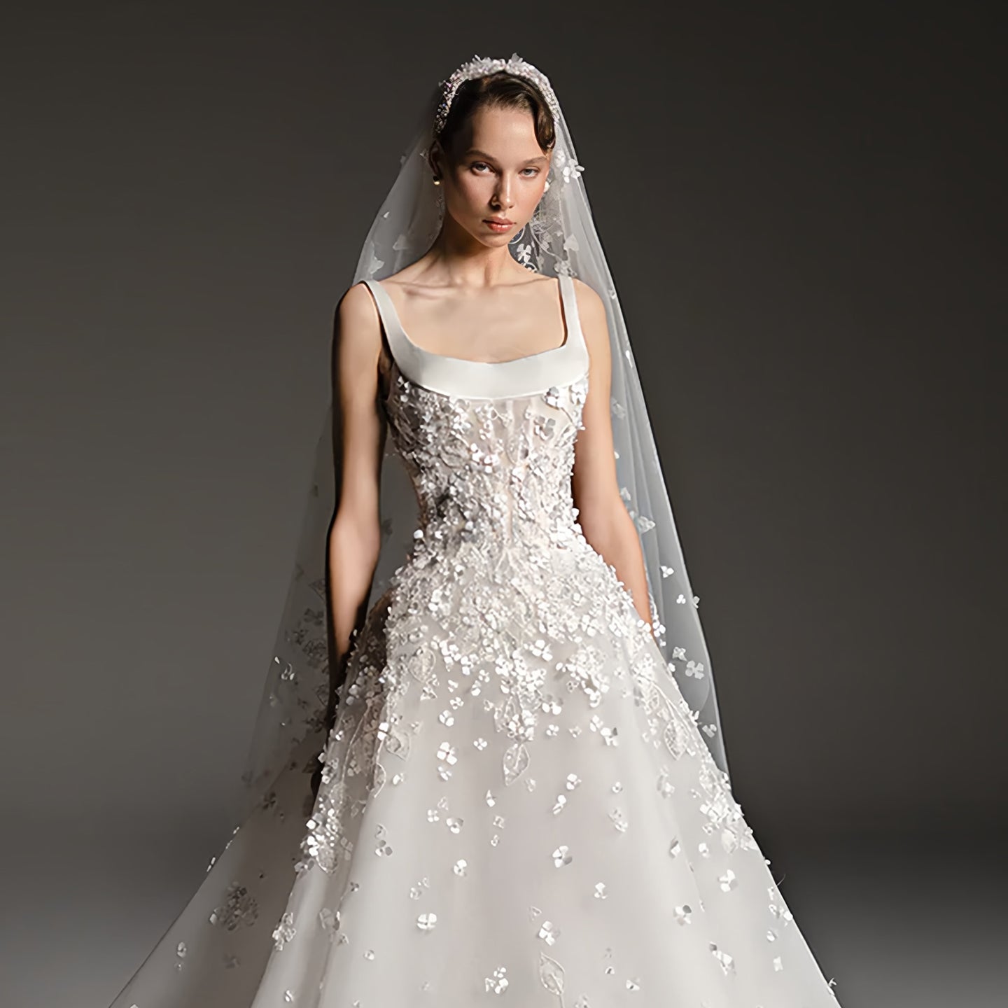 Square Neck Ball Gown Wedding Dress with 3D Floral & Veil SW666 Sheer Fairy