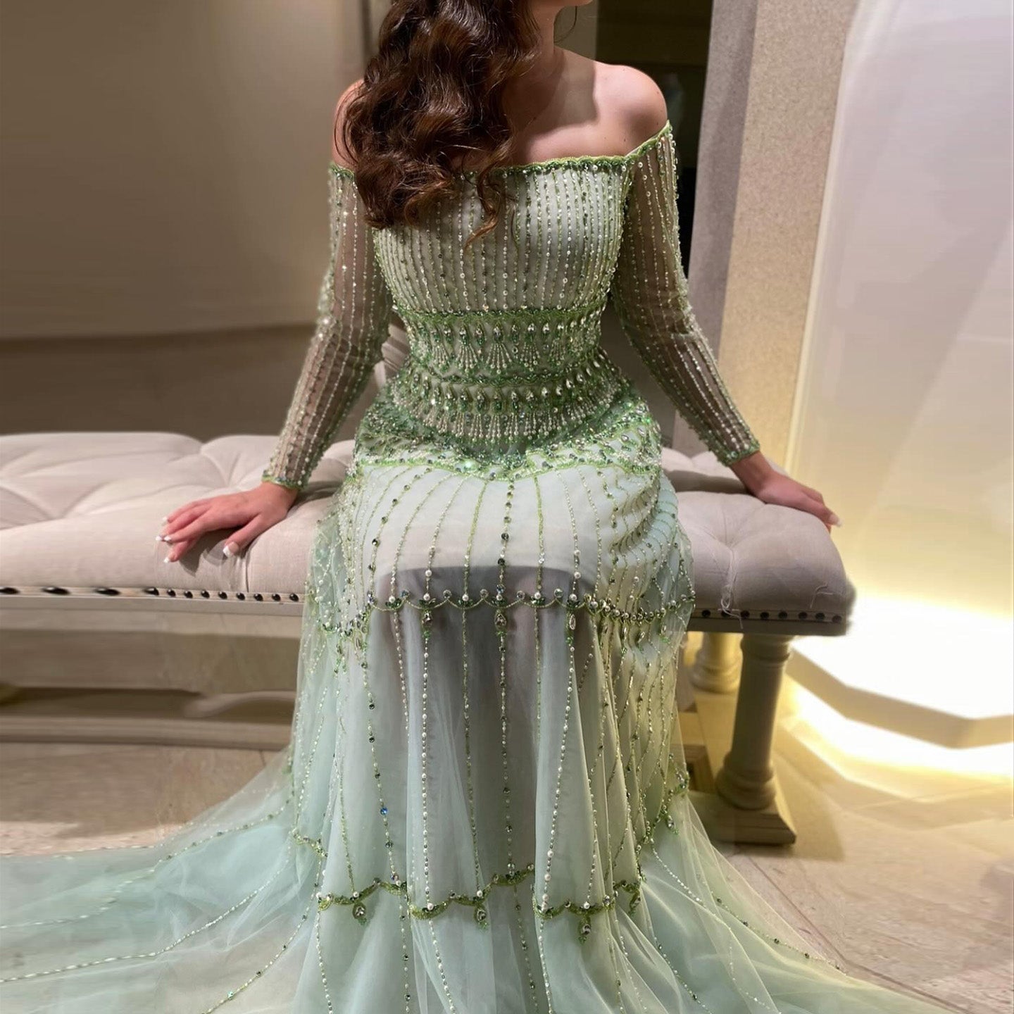 Green Off-Shoulder Long Sleeve Beaded A-Line Evening Dress SS588 Sheer Fairy