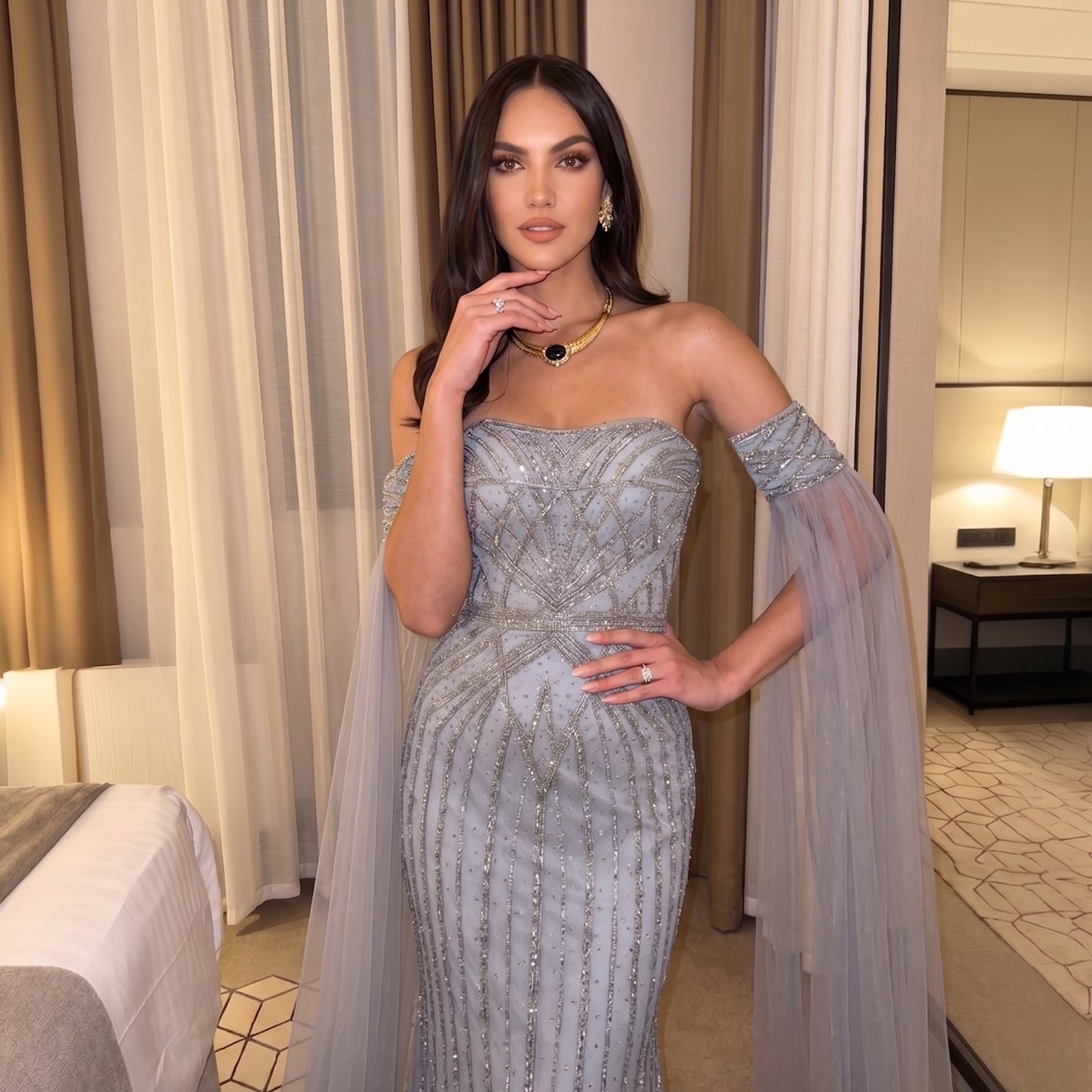 Elegant Strapless Beaded Mermaid Prom Dress with Detachable Tulle Cape Sleeves SH311 Sheer Fairy