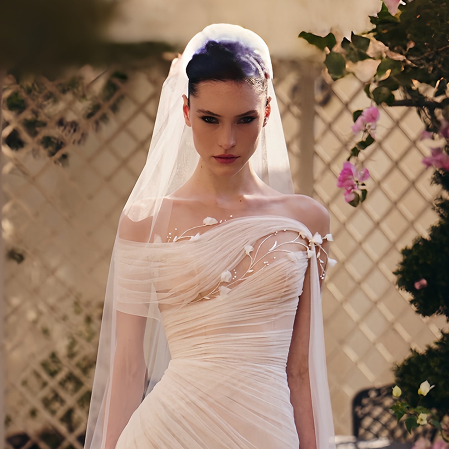 Romantic Strapless Tulle Wedding Dress with Floral Appliques and Soft Draped Design SW232 Sheer Fairy