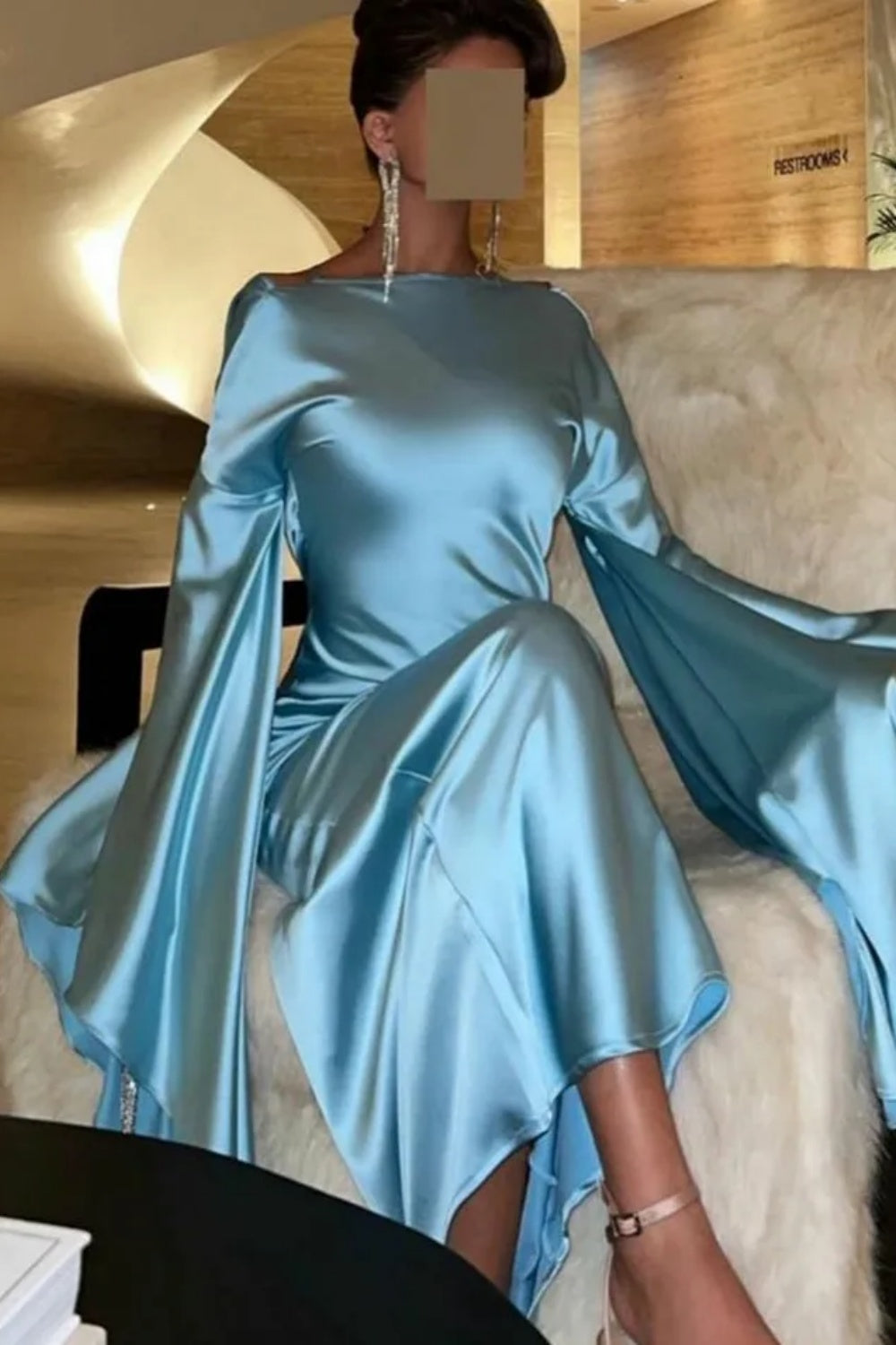 Light Blue Mermaid Evening Dress with Flare Long Sleeves SF027 Sheer Fairy