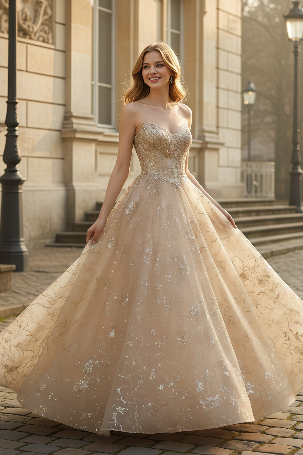 Champagne Sequin Strapless Sweetheart Ballgown Prom Dress SH121 Sheer Fairy