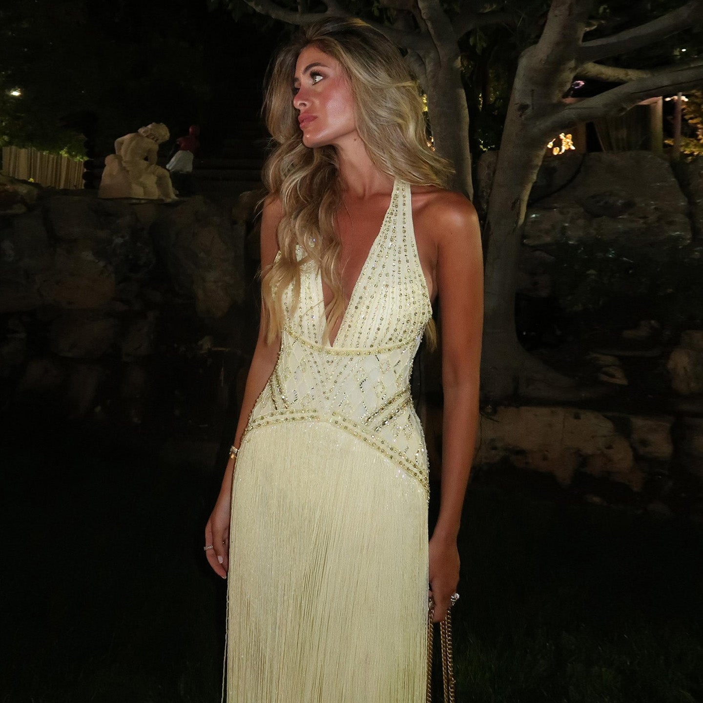 Yellow Beaded Halter Neck Fringe Mermaid Evening Gown with Open Back SS554 Sheer Fairy