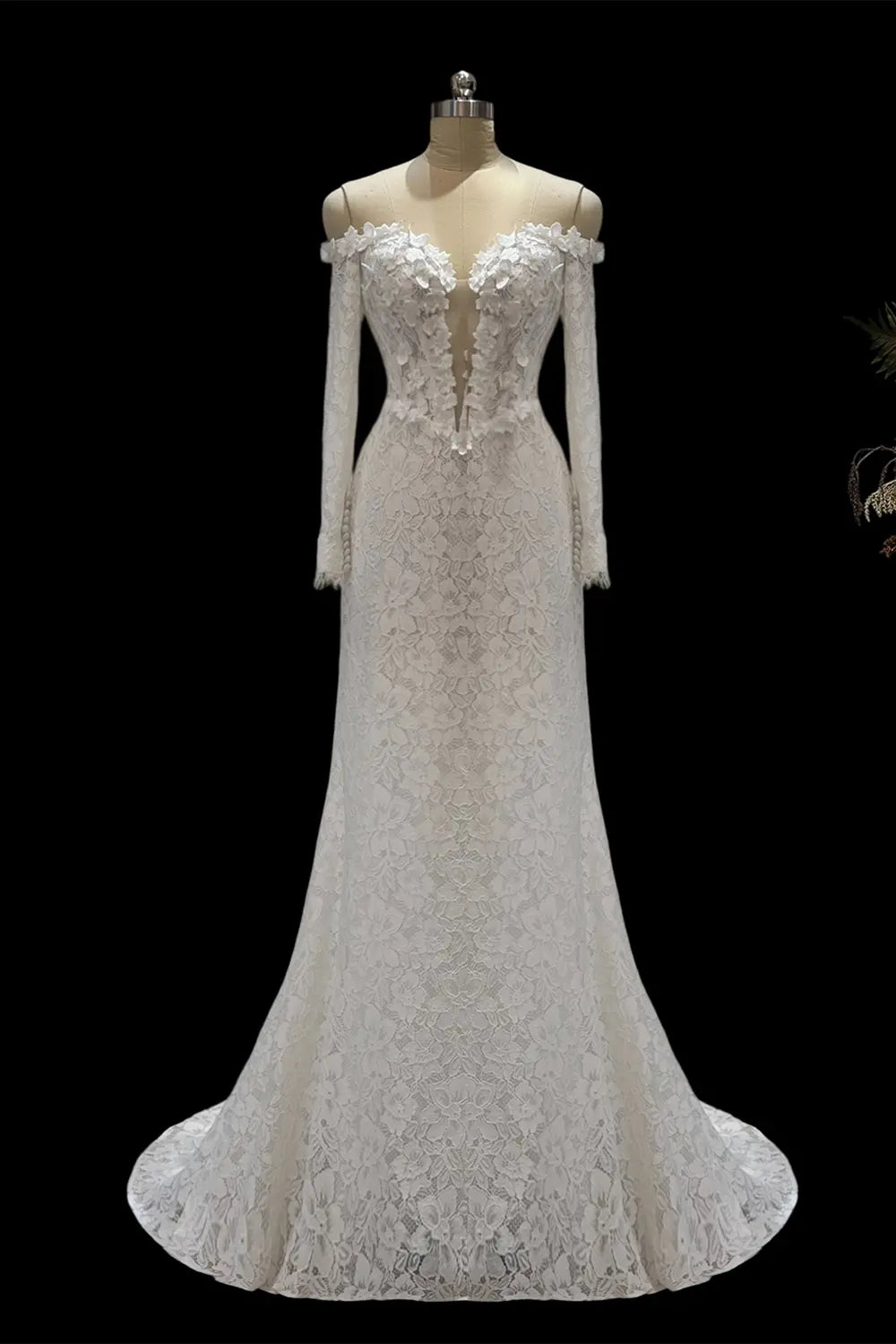Ivory Floral Lace Long Sleeve Wedding Dress SW689 Sheer Fairy