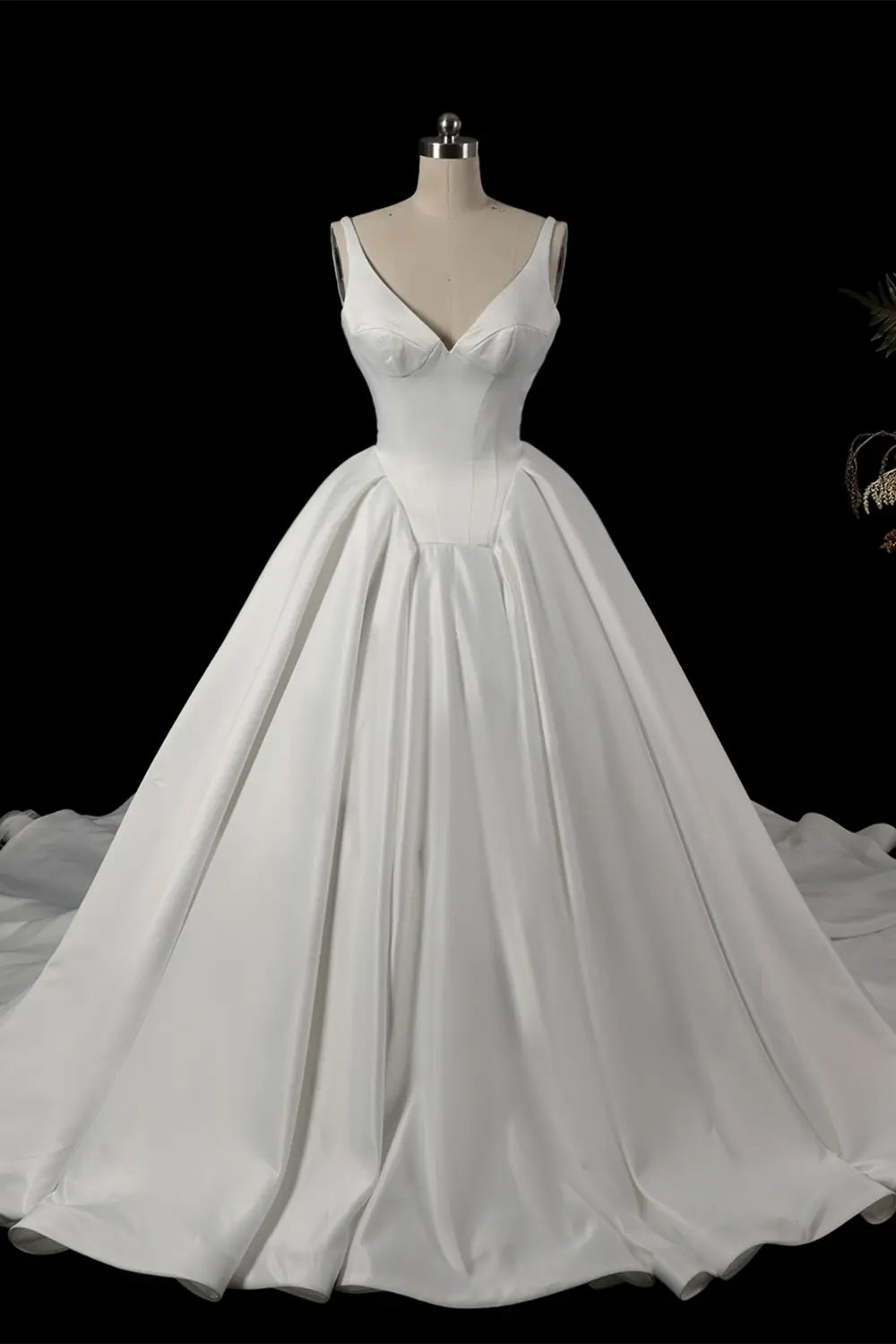 White V Neck Sleeveless Satin Chapel Train Bridal Gown SW749 Sheer Fairy