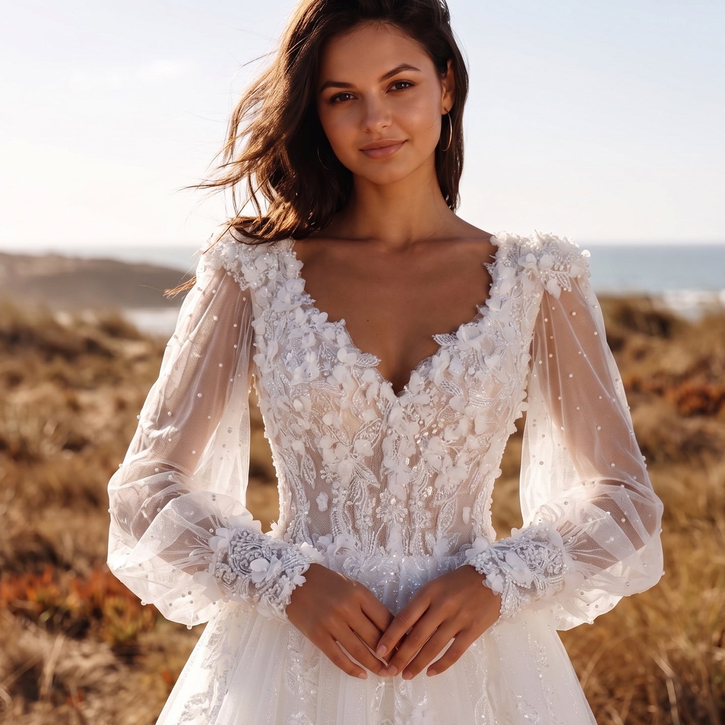 Luxury Lace Applique A-Line Wedding Dress with Puff Bishop Sleeve SW716 Sheer Fairy