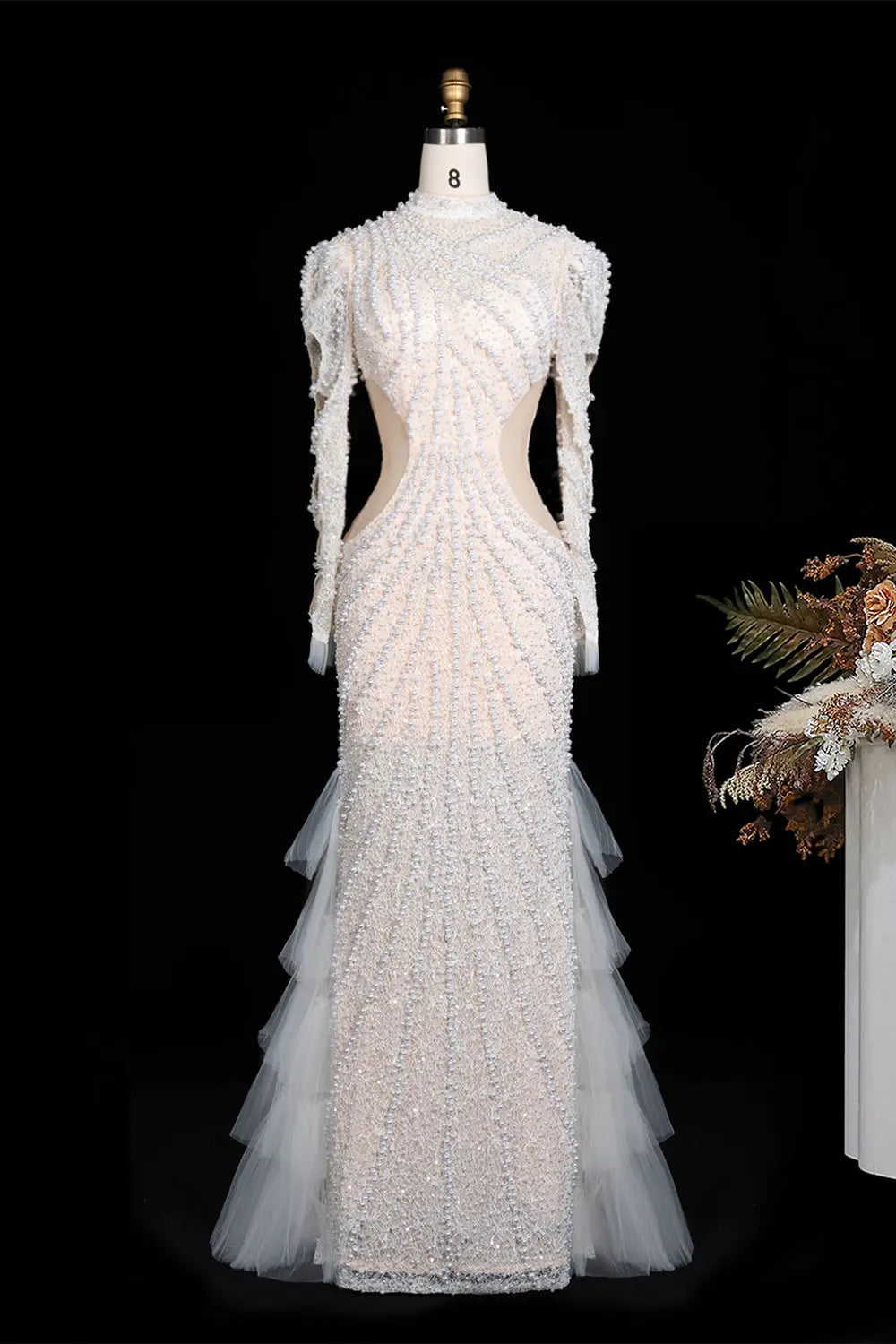 White Pearl Beaded Tiered Tulle Mermaid Gown ST103 Sheer Fairy