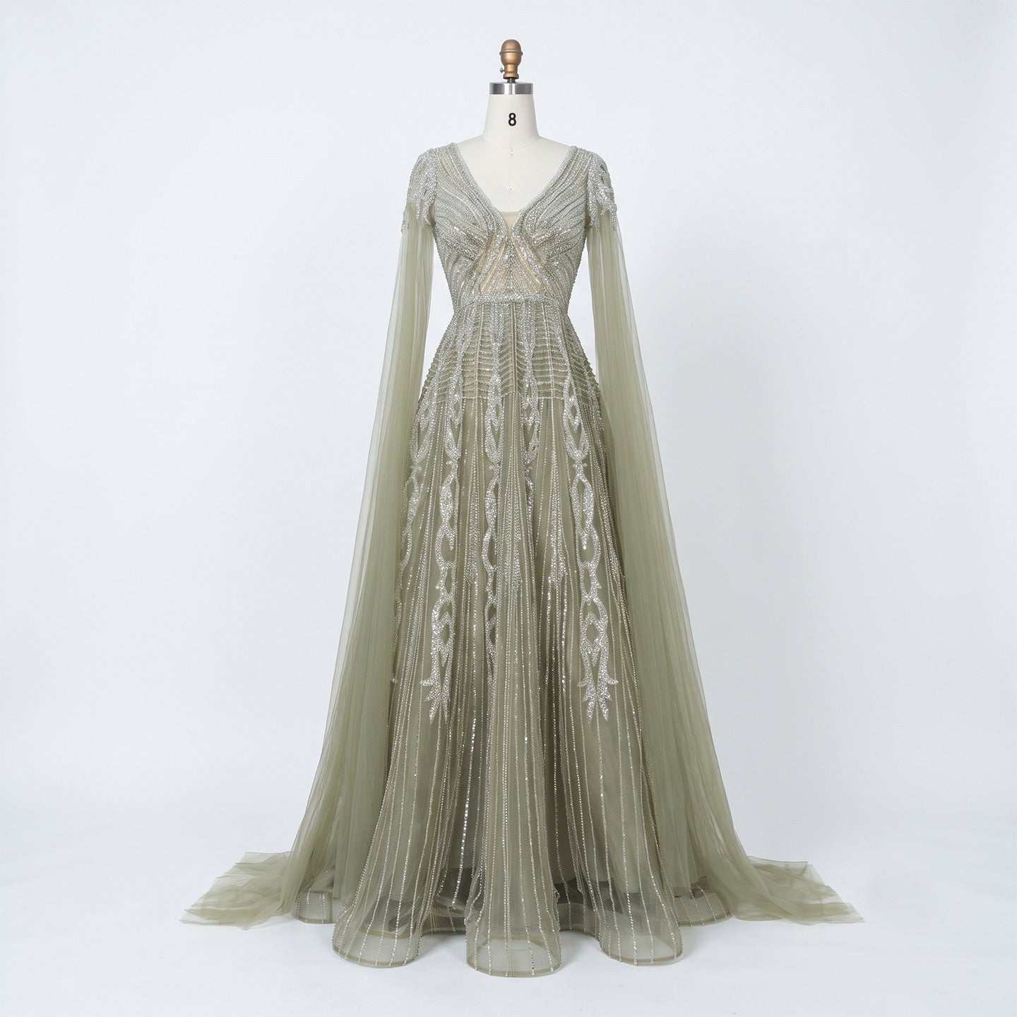 Elegant V Neck Sequined Cape Sleeve A Line Evening Gown SS073 Sheer Fairy