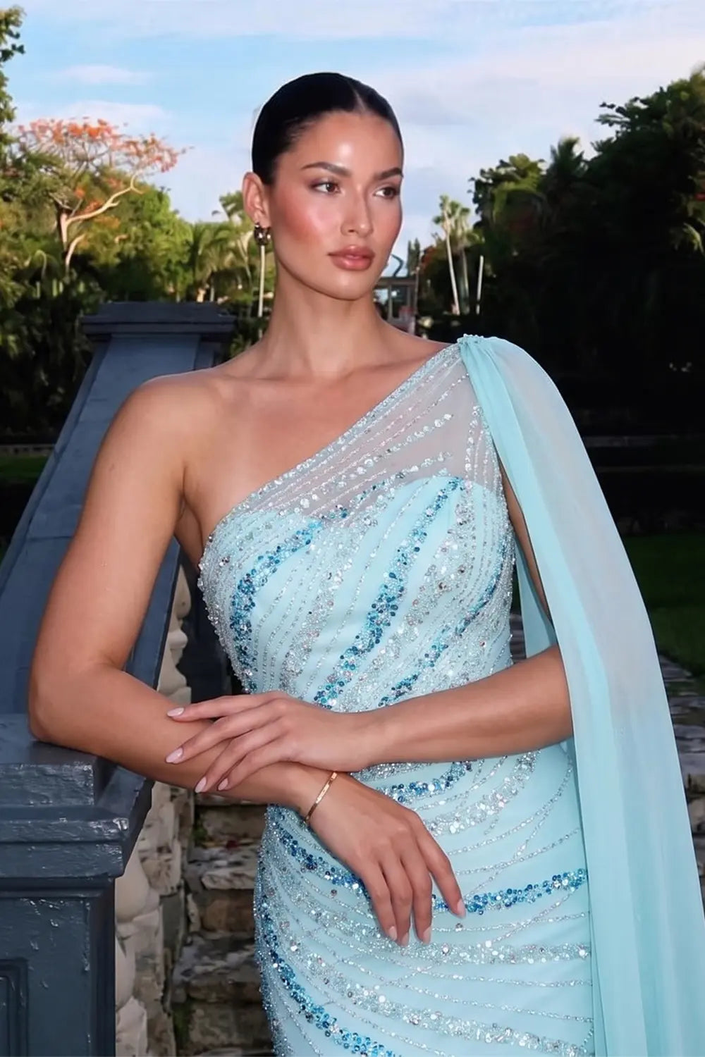 Turquoise One-Shoulder Mermaid Evening Dress with Beading & Feather SS498 Sheer Fairy