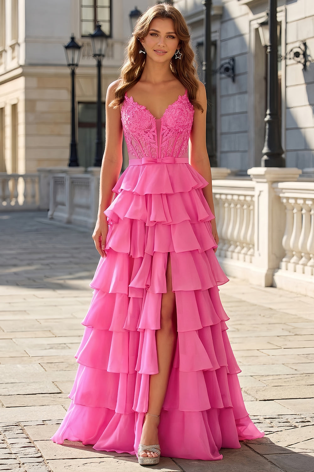 Elegant Hot Pink Tiered Prom Dress with High Slit SH749 Sheer Fairy