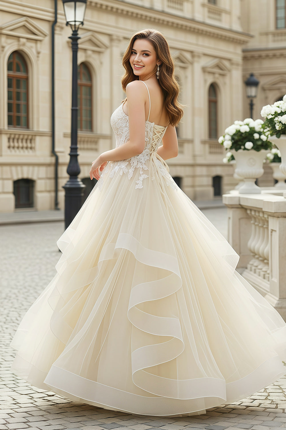 Ivory Tiered Ruffled Tulle Square Neck A-Line Prom Dress SH257 Sheer Fairy