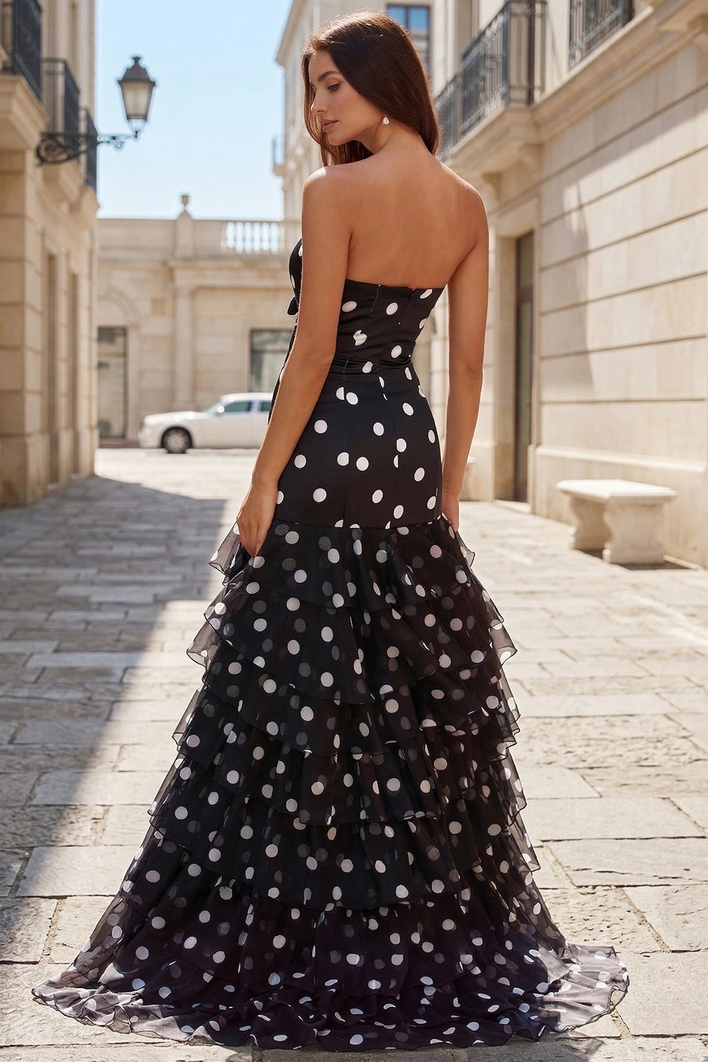 Black Strapless Prom Dress with Ruffle Tiered Skirt and Bow Detail SH735 Sheer Fairy