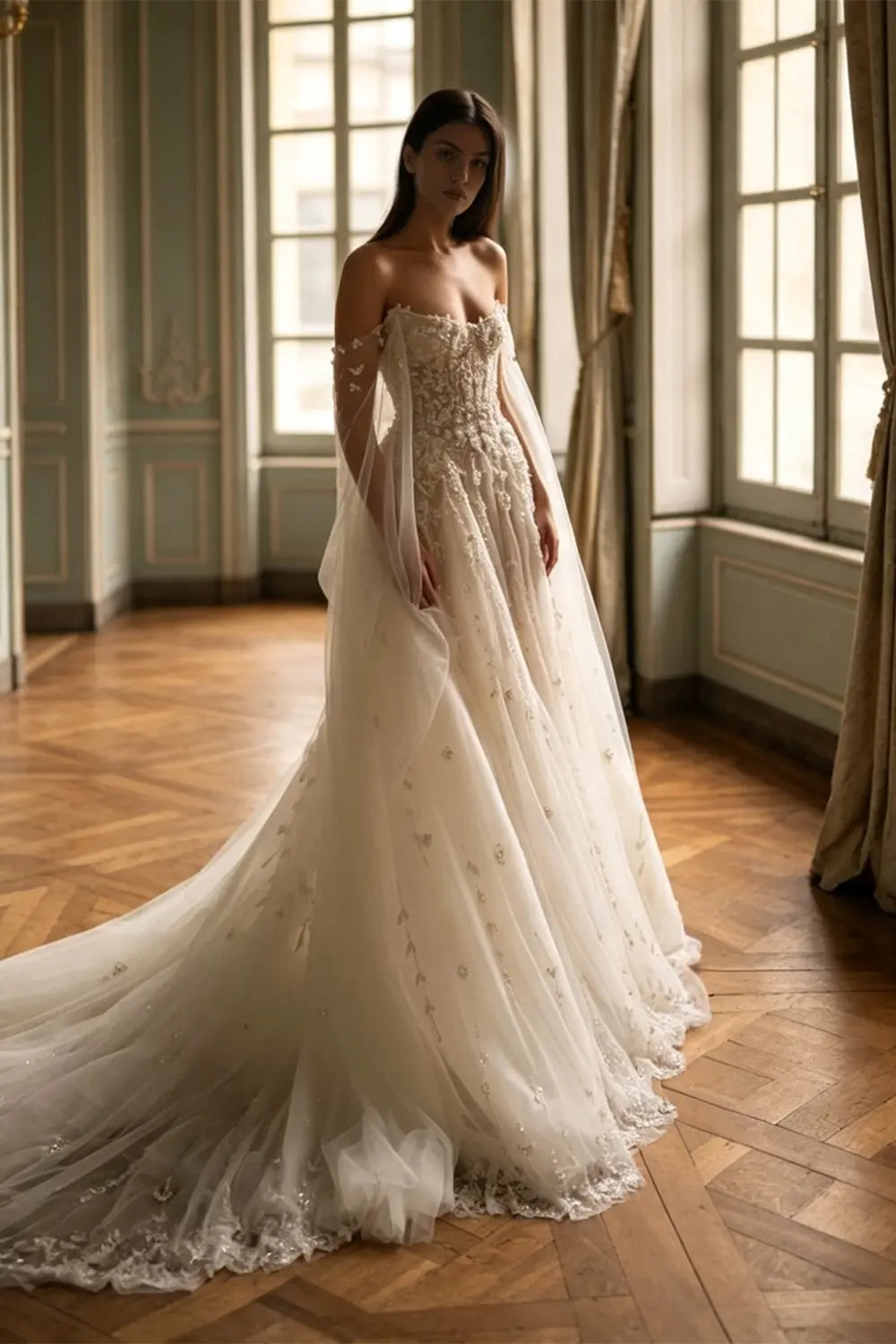 White Corset Tulle A Line Bridal Gown with Cathedral Train SW746 Sheer Fairy