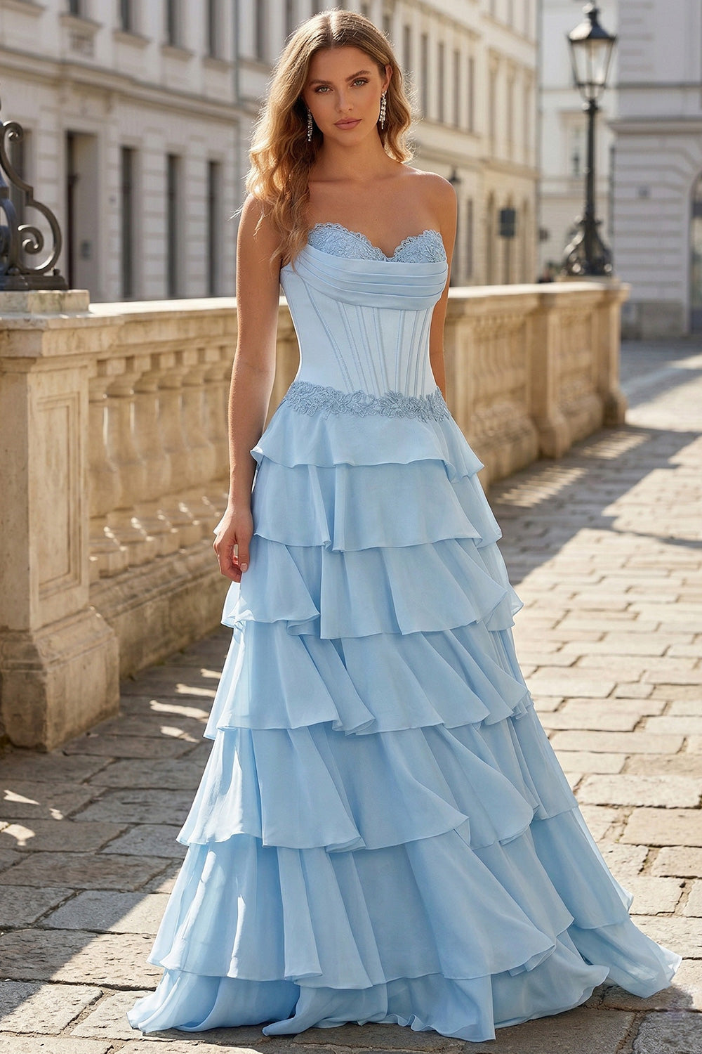 Tiered Ruffles Sky Blue Lace Prom Dress with Corset Bodice SH733 Sheer Fairy