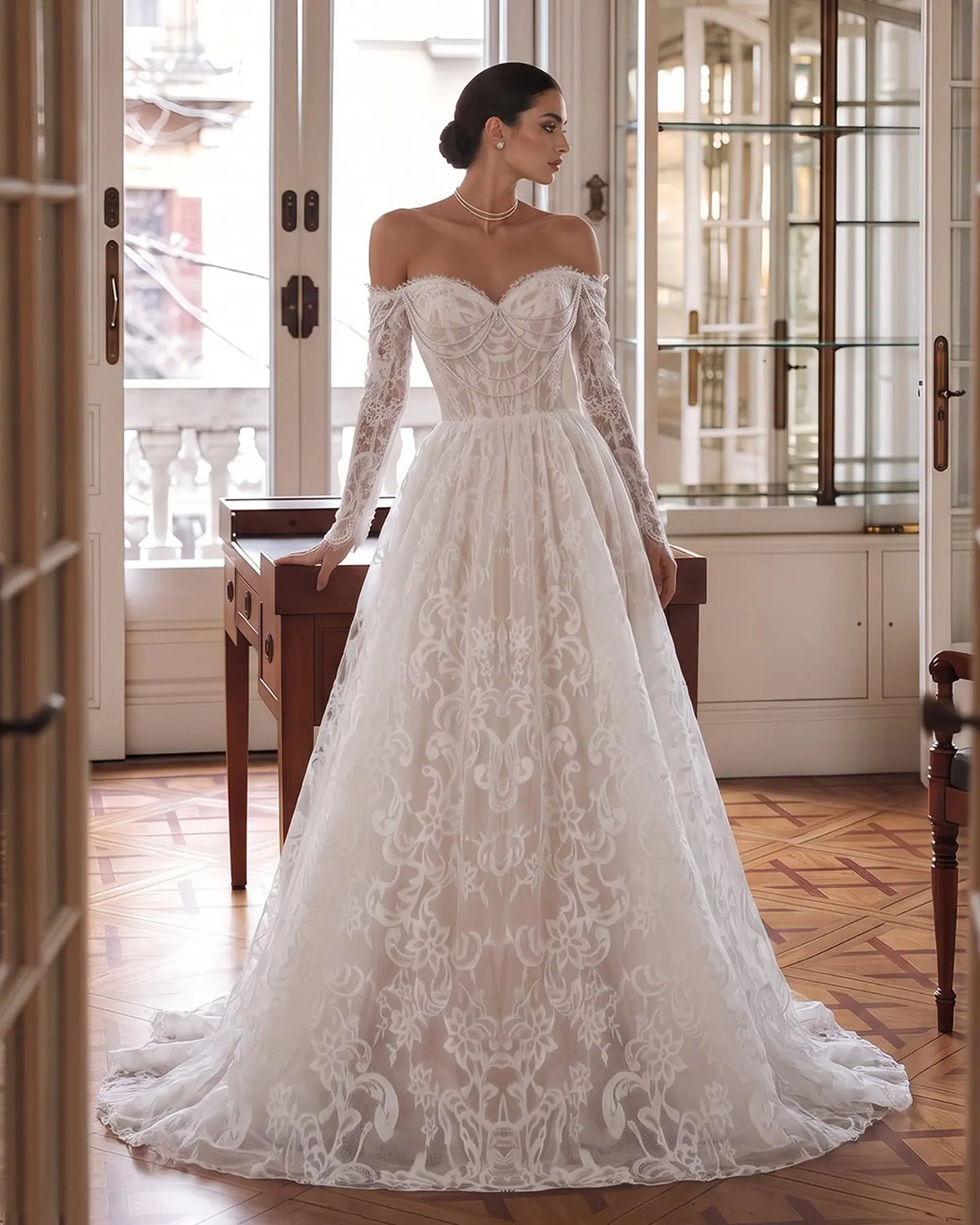 White Off Shoulder Lace Long Sleeve Wedding Gown Sheer Fairy