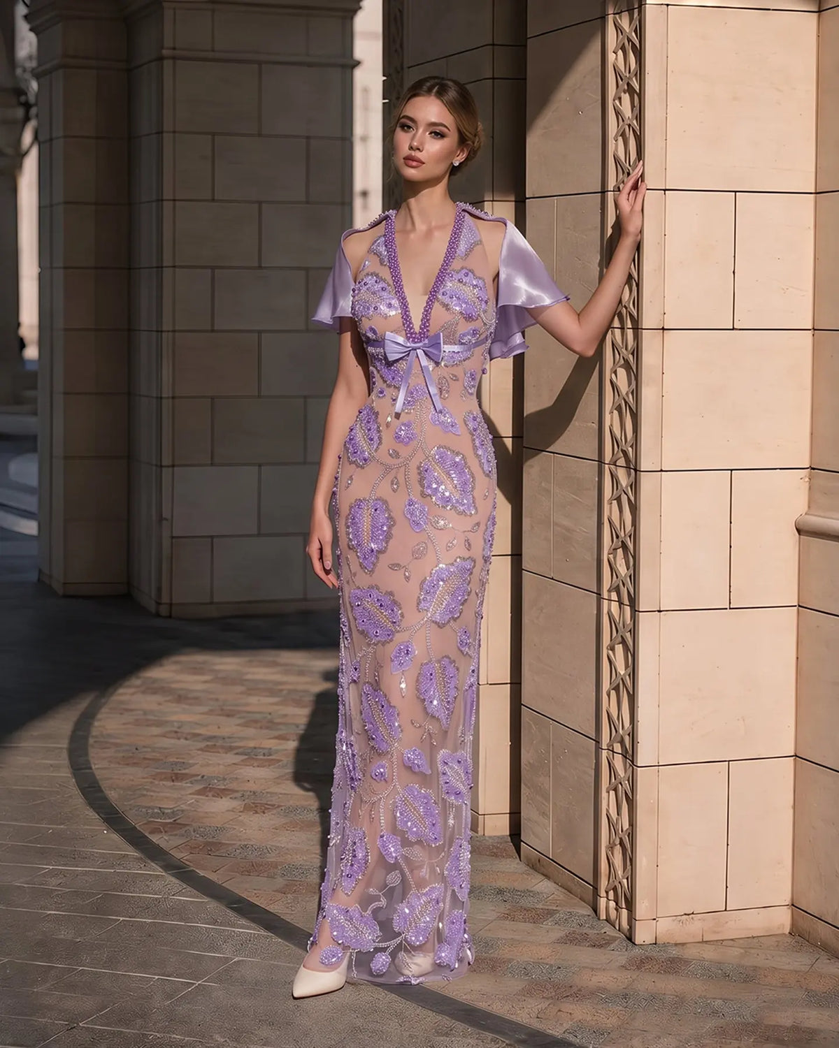 Purple Beaded Cape Evening Dress Sheer Fairy