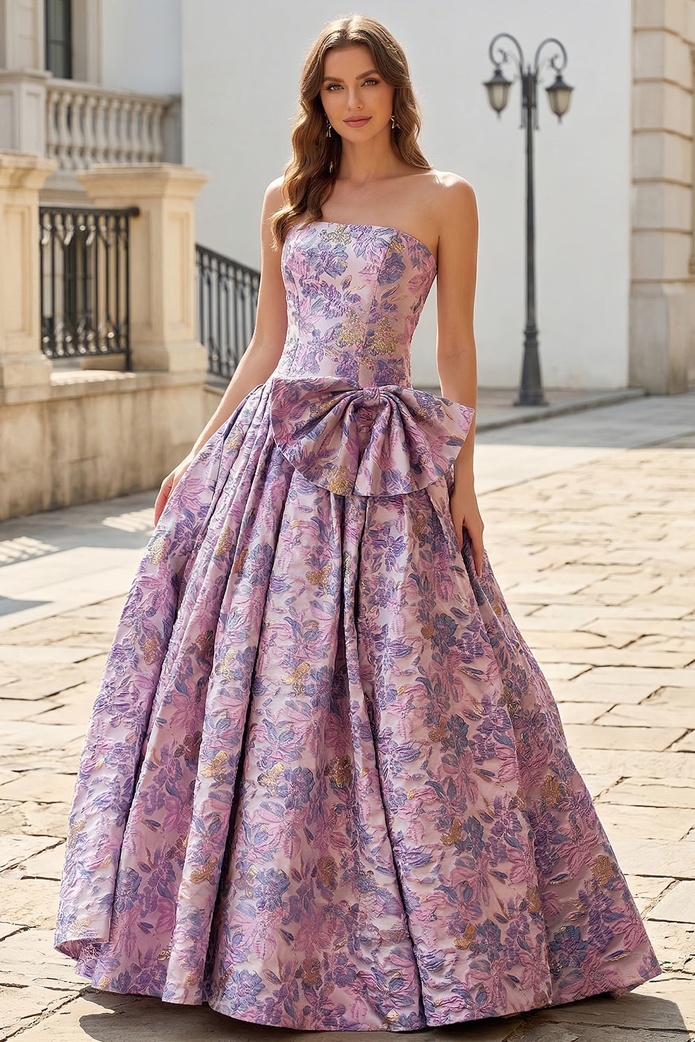 Lilac Floral Brocade Sexy Prom Dress with Overskirt Bow SH775 Sheer Fairy