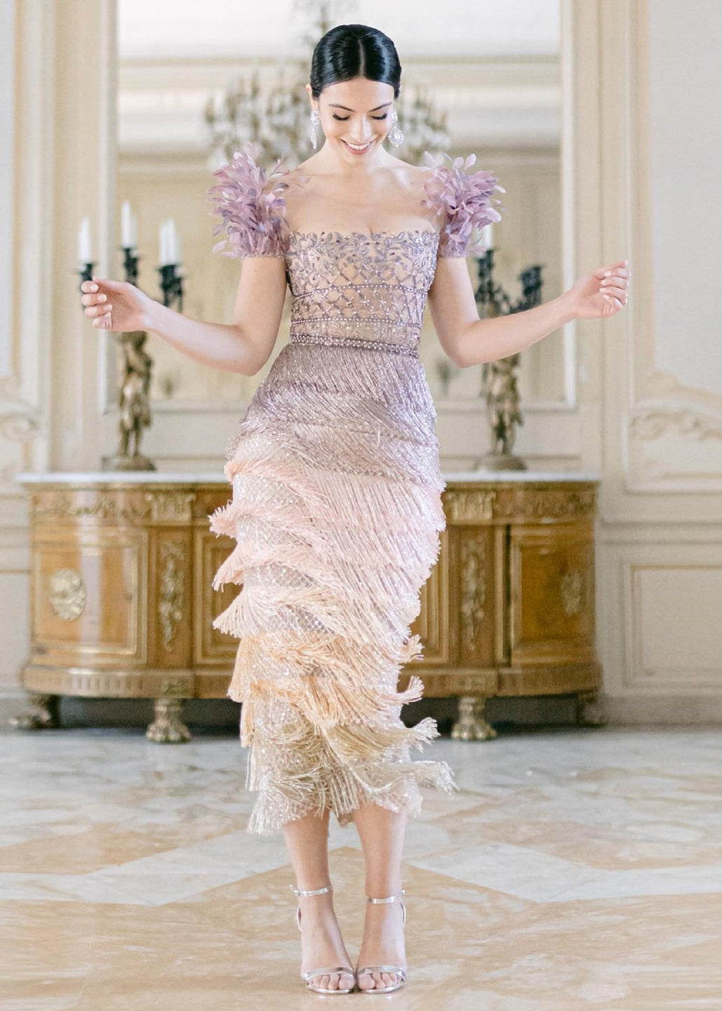 Sheer Lattice Beaded Tiered Fringe Lilac Evening Dress with 3D Floral SS379 Sheer Fairy