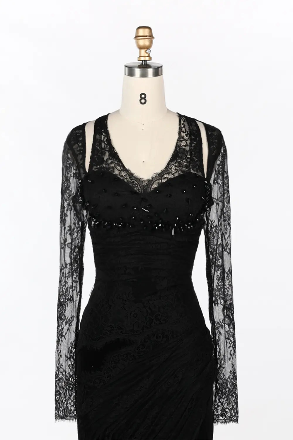 Black Beaded Lace Sleeve Mermaid Evening Dress ST093 Sheer Fairy