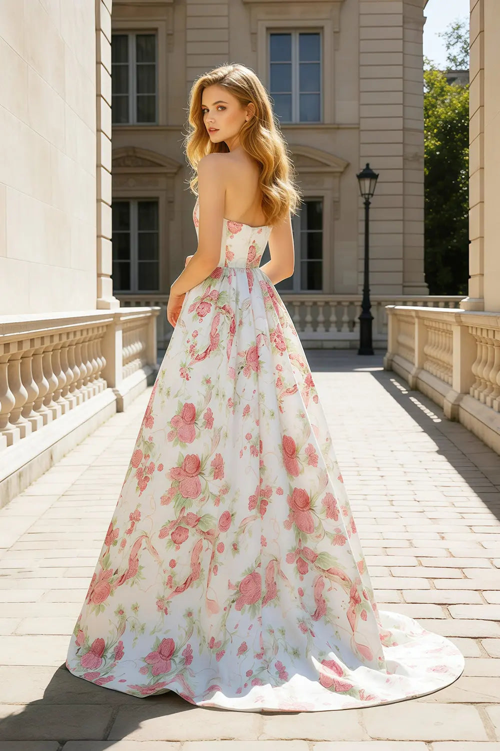 Strapless Sweetheart Pink Floral Jacquard Ball Gown Prom Dress SH415 Sheer Fairy
