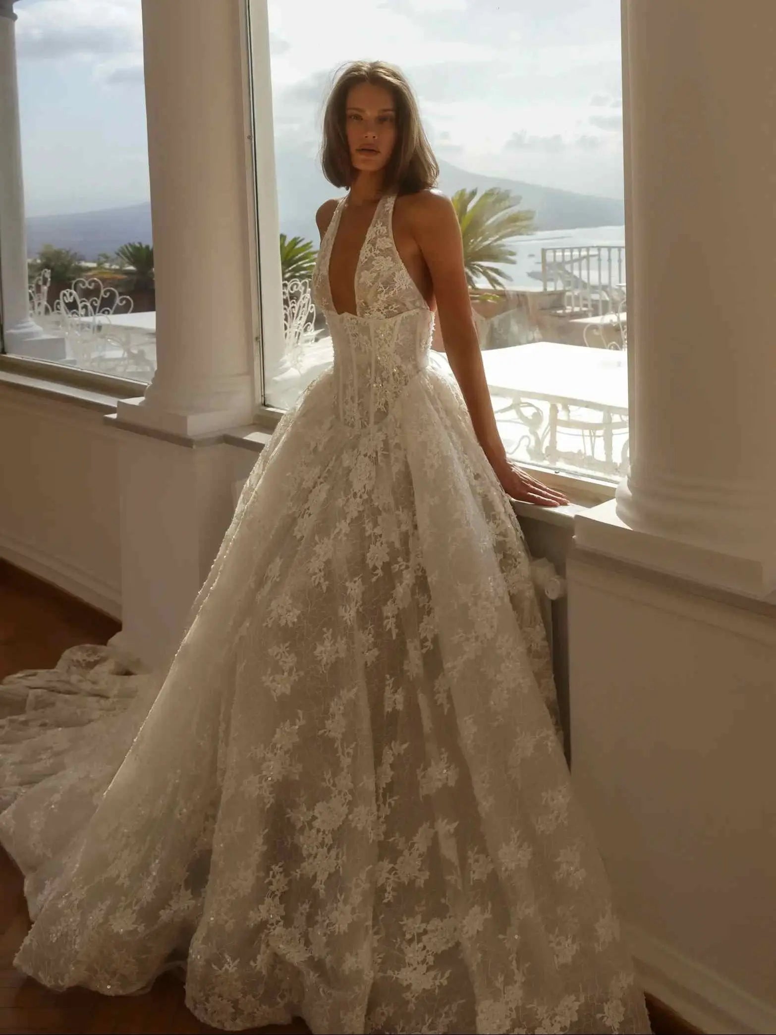 Halter Plunge V Neck Lace Ball Gown Wedding Dress SW185 Sheer Fairy