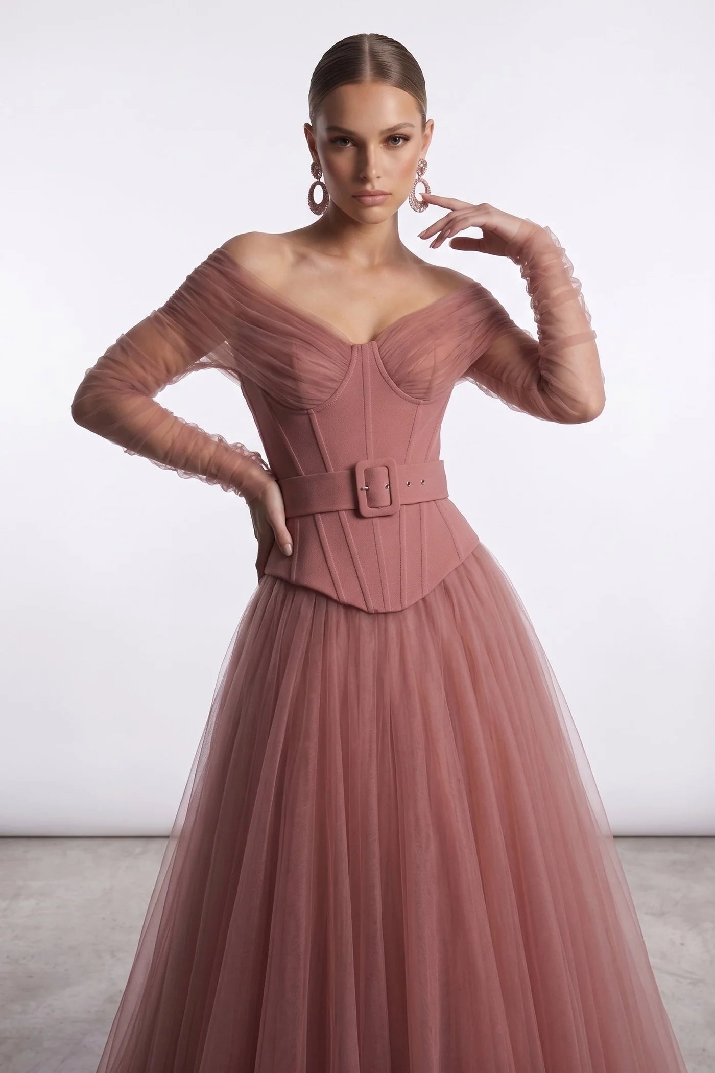 Elegant Dusty Rose Off the Shoulder Long Sleeve Corset Evening Dress Tulle A Line Prom Gown With Belt SF461 Sheer Fairy