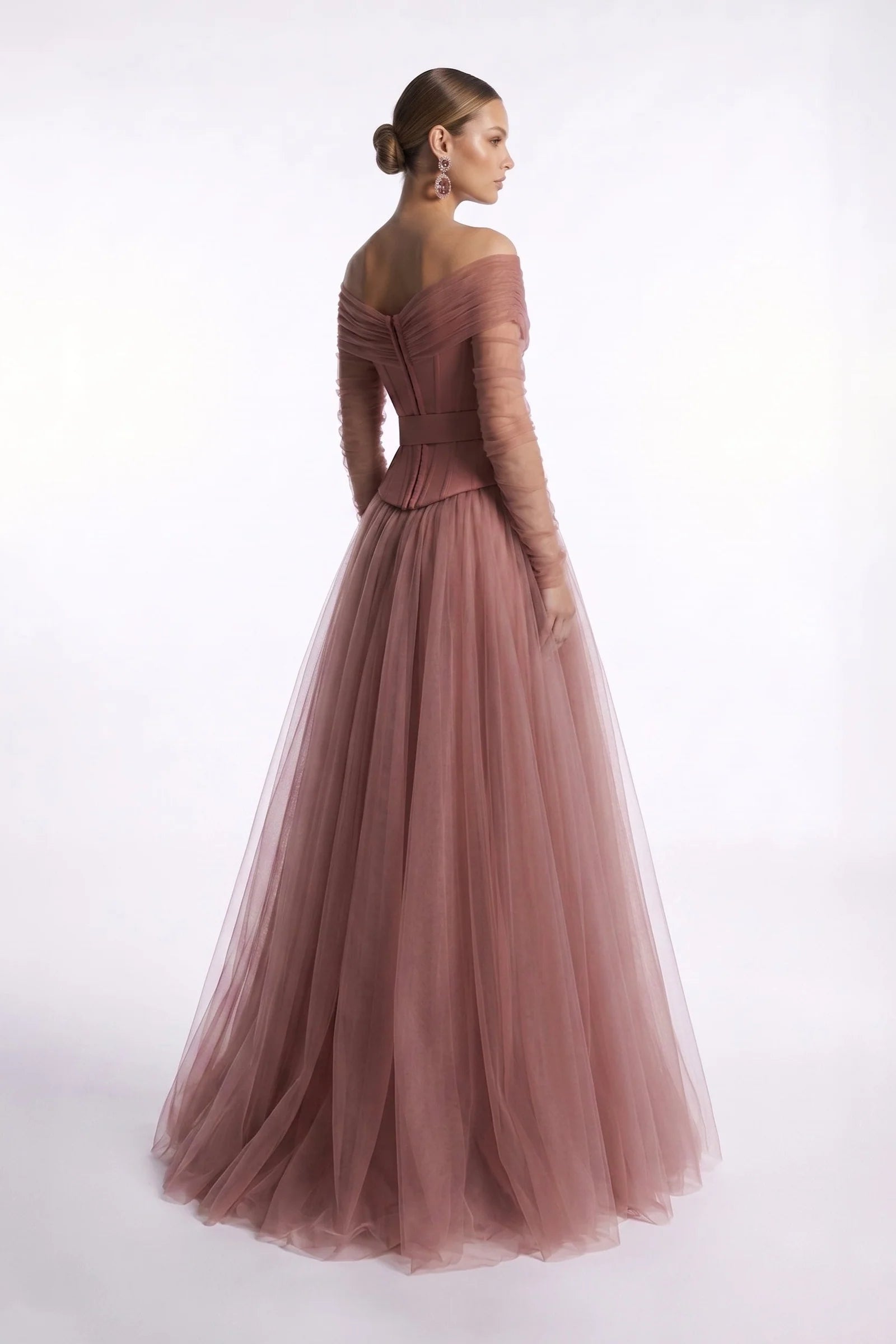 Elegant Dusty Rose Off the Shoulder Long Sleeve Corset Evening Dress Tulle A Line Prom Gown With Belt SF461 Sheer Fairy